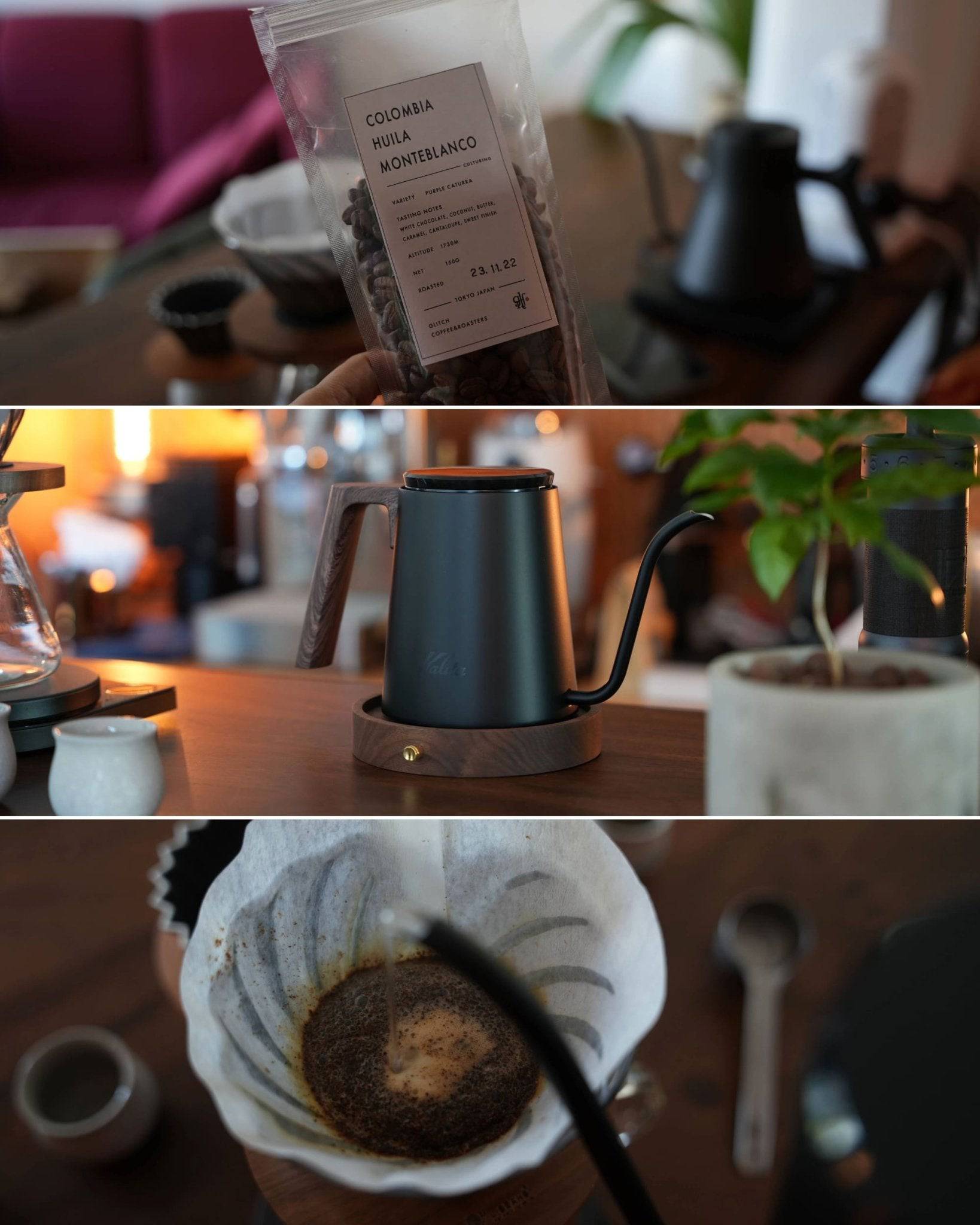 Coffee brewing essentials: packaged coffee beans, sleek black pour-over kettle, and ceramic filter with ground coffee, showcasing the artisanal coffee preparation process