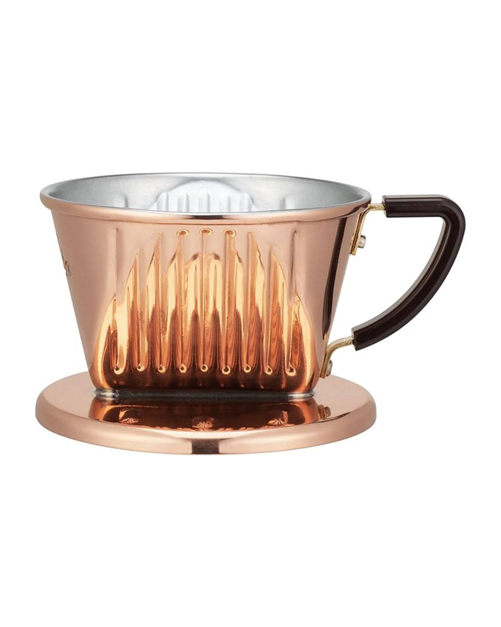 Copper Kalita 101-CU pour-over coffee dripper with three-hole design, ribbed interior, and dark handle, showcasing its unique conical shape and high-quality craftsmanship for optimal coffee extraction