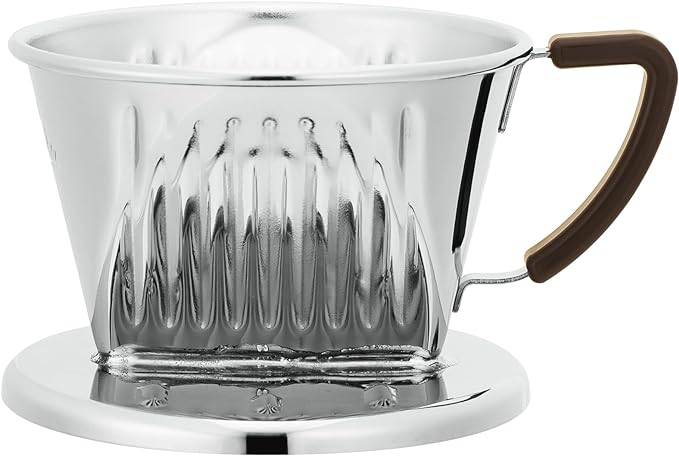 KALITA 101-CU copper coffee dripper with three-hole design, featuring a shiny metallic body, ribbed sides, and wooden handle, showcasing its classic craftsmanship and functionality for pour-over coffee brewing