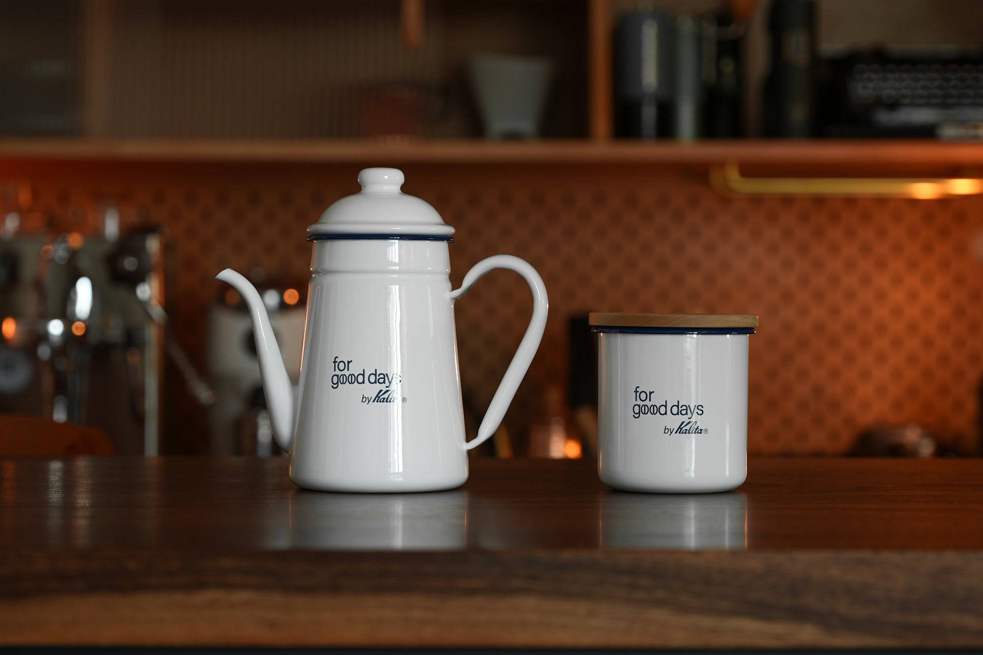 Kalita enamel pour-over kettle 1L white limited edition with matching storage container on wooden counter, &