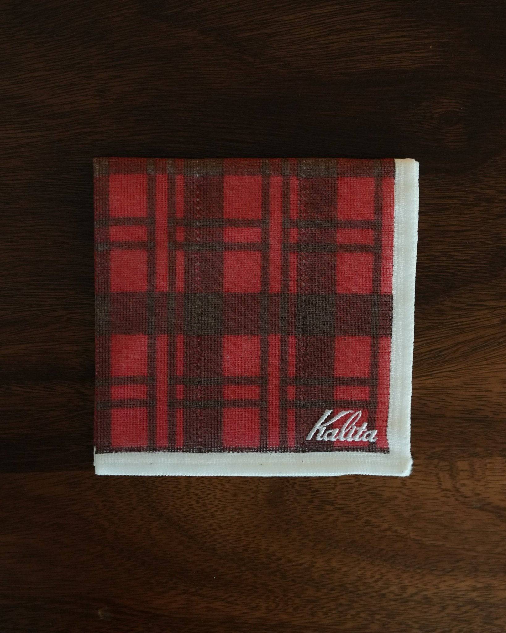 Kalita classic red plaid cloth for pour-over coffee, 30x30cm, 100% cotton, Japanese-made, stylish and functional, displayed on dark wooden surface