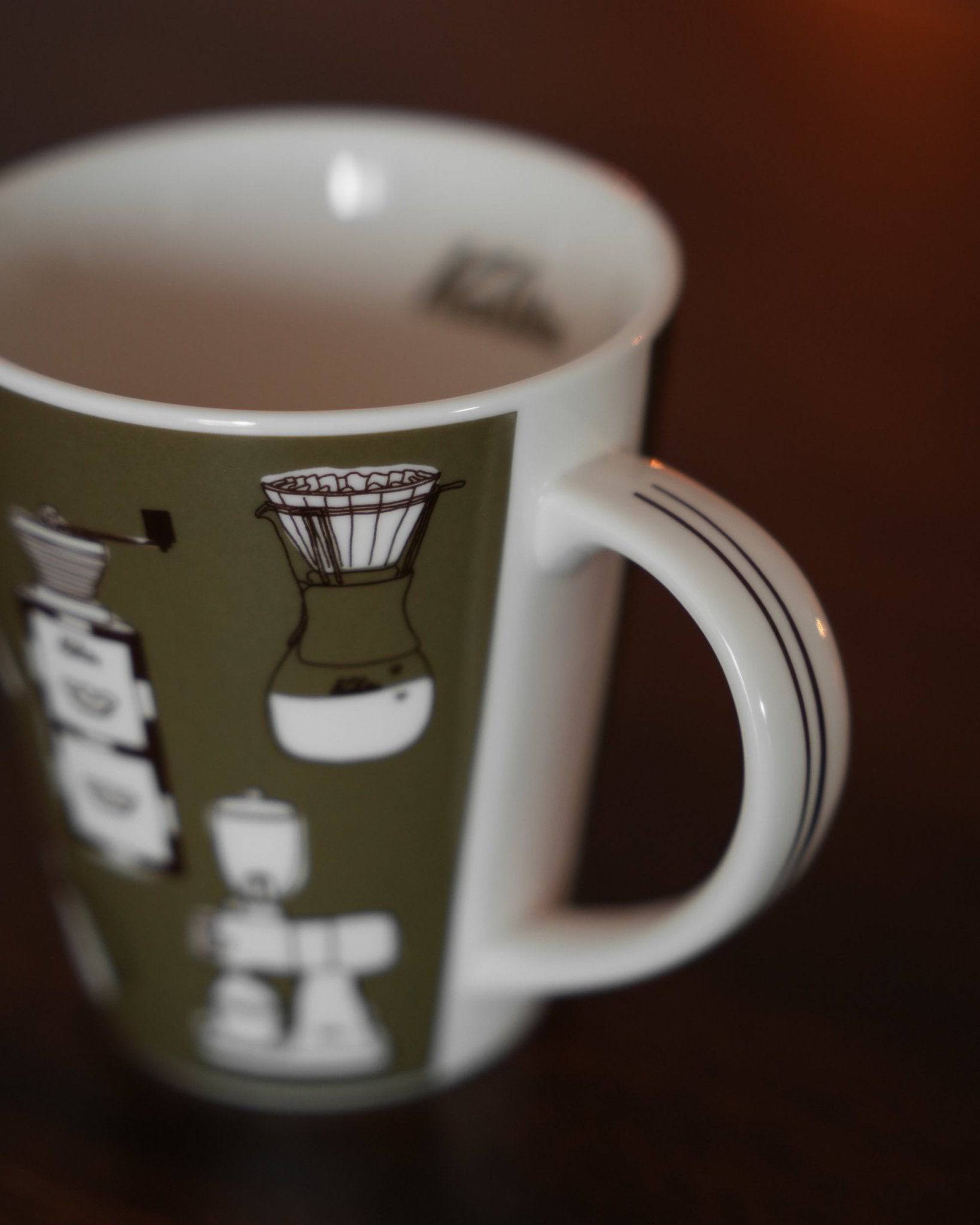 Kalita ceramic mug in khaki color with coffee equipment illustrations, featuring pour-over dripper, grinder, and kettle designs on a white background, 300ml capacity