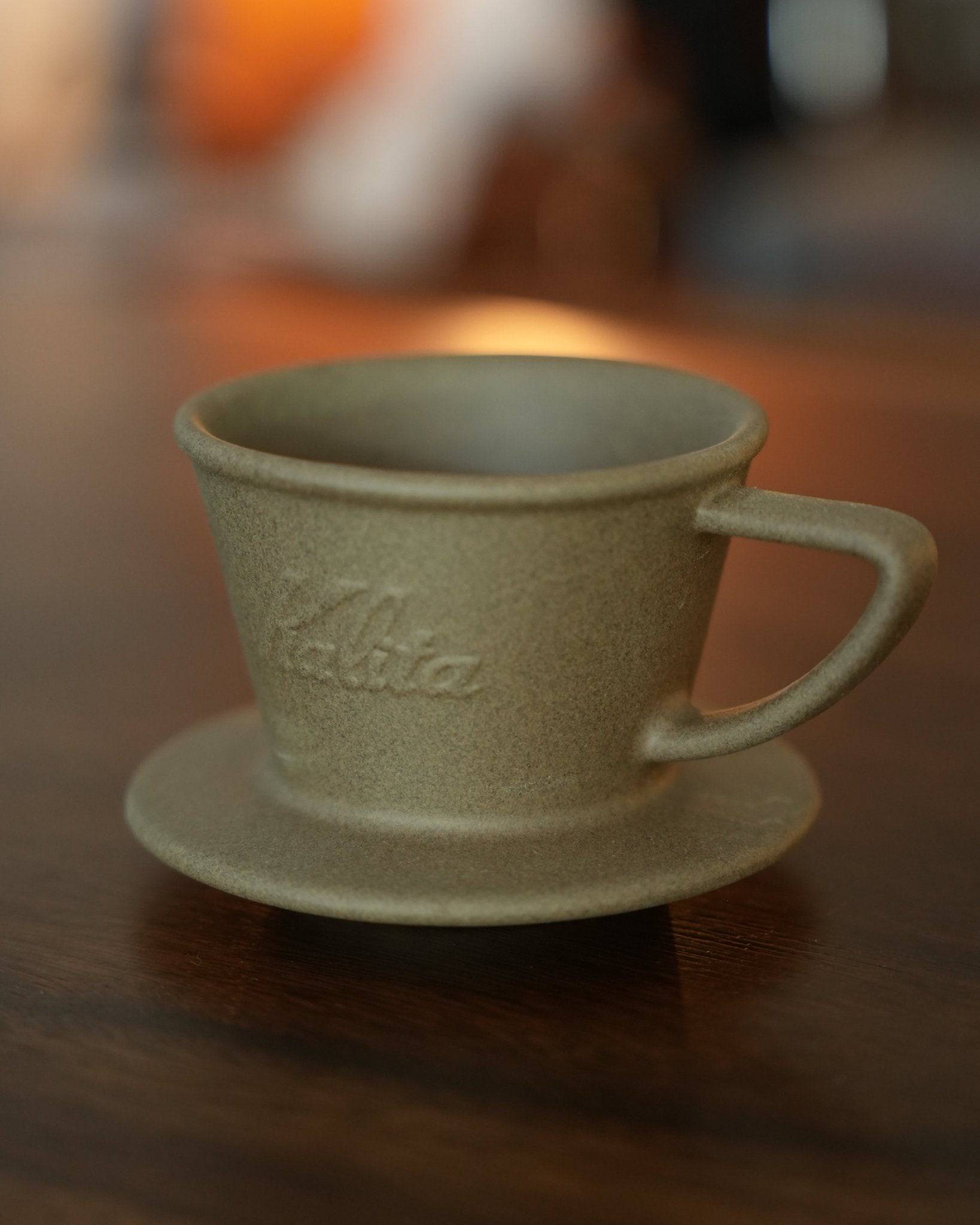 Kalita SG-155 Hasami-yaki sandstone coffee dripper, sage green ceramic pour-over cup with handle and saucer, traditional Japanese craftsmanship for optimal coffee extraction
