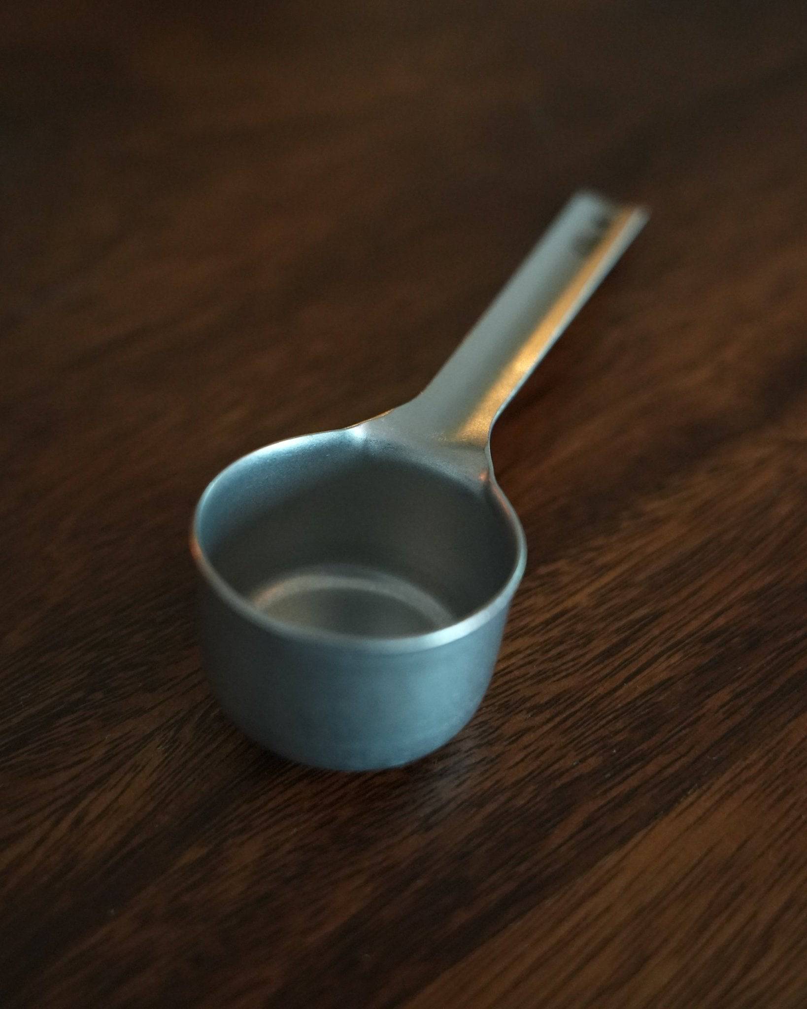 Kalita & Tsubame stainless steel coffee scoop, 10g capacity, L Size, on wooden surface. Matte finish, precision-crafted for accurate measurements, showcasing Japanese metalworking expertise.