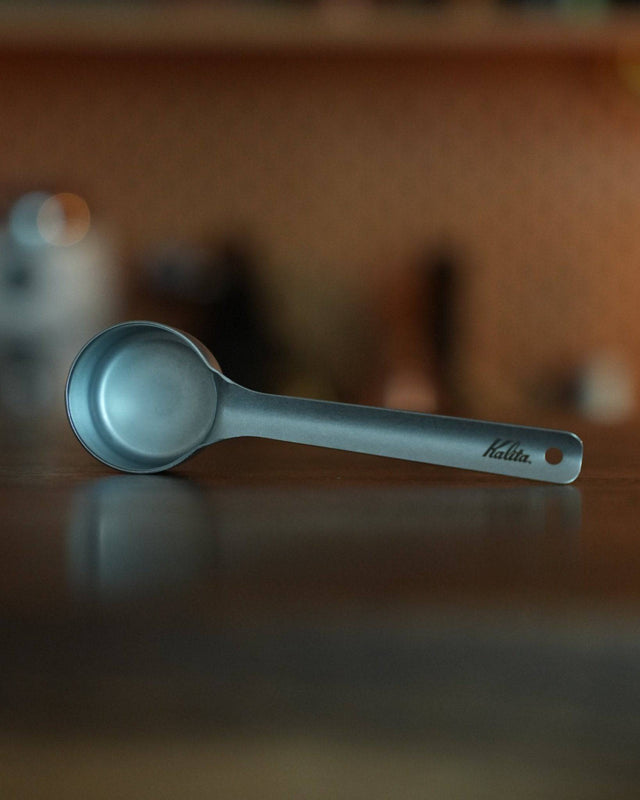 Kalita & Tsubame stainless steel coffee measuring spoon 10g (L Size) on wooden surface, showcasing its sleek design and matte finish, ideal for precise coffee measurement