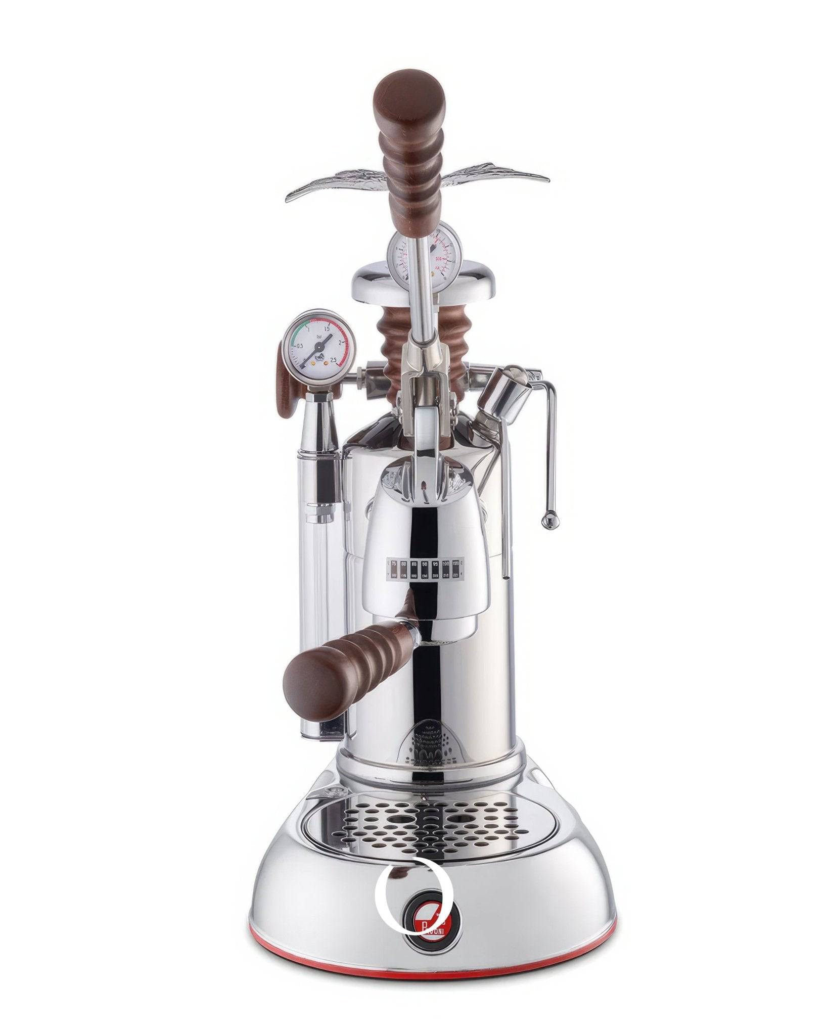 La Pavoni Esperto Abile espresso machine with chrome body, wooden handles, pressure gauge, and steam wand, showcasing professional-grade features for home brewing