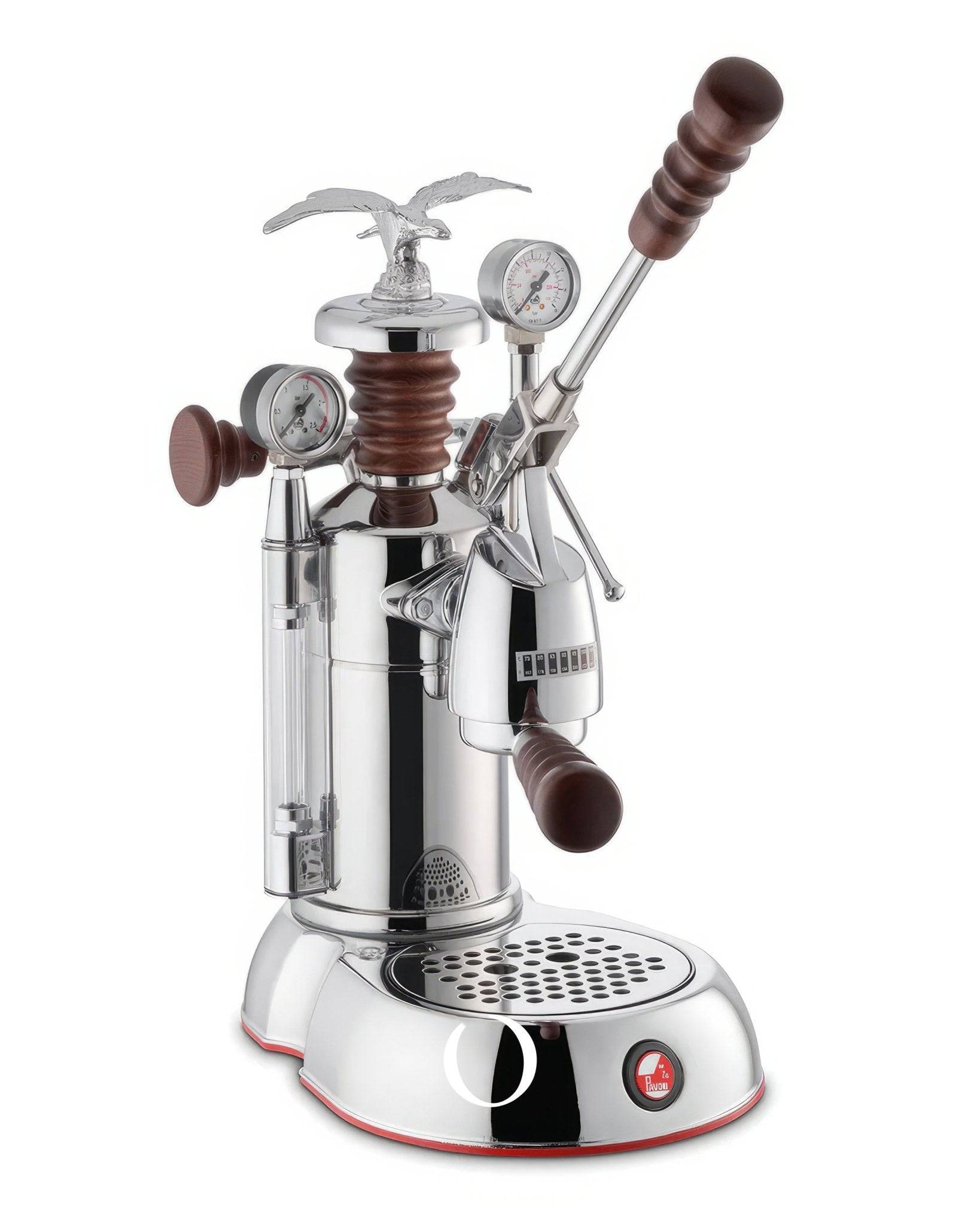 La Pavoni Esperto Abile lever espresso machine with chrome body, wooden handles, pressure gauges, eagle-topped steam wand, and drip tray on a white background