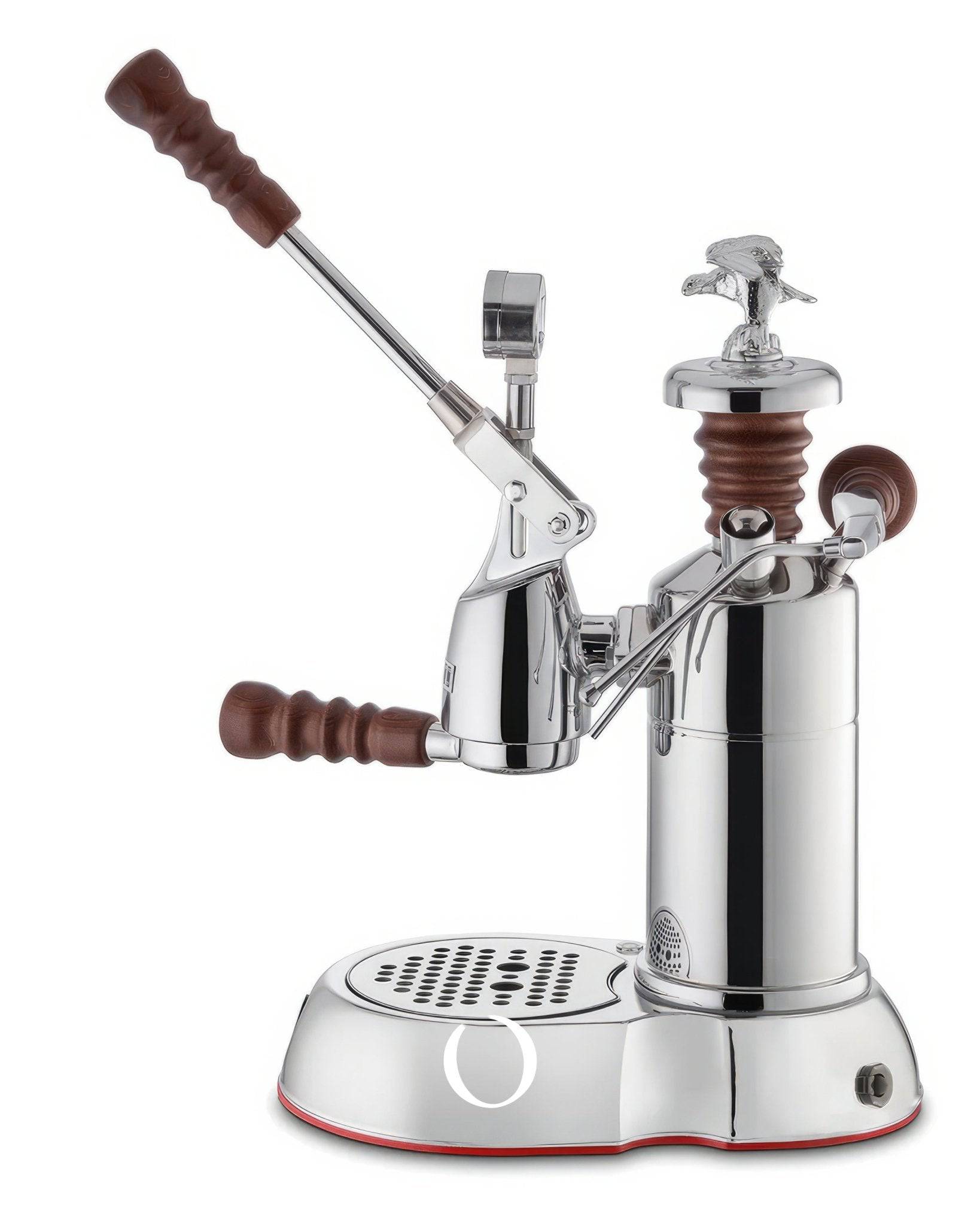 La Pavoni Esperto Abile lever espresso machine with chrome body, wooden handles, pressure gauge, and drip tray, showcasing its professional-grade design for brewing customized espresso
