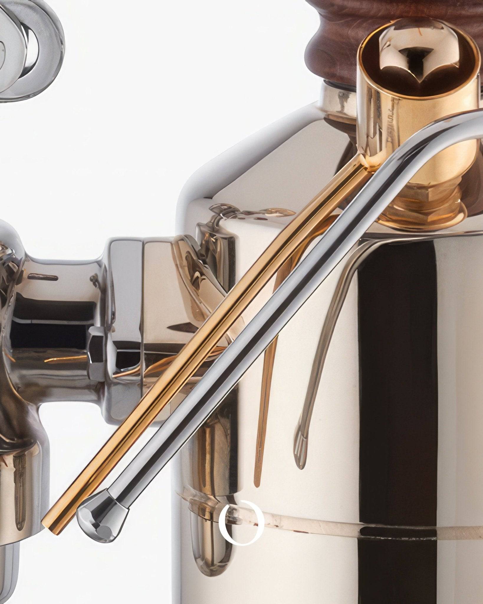 Close-up of La Pavoni Esperto Competente lever espresso machine, showcasing its polished metal body, wooden handle, pressure gauge, and steam wand. The image highlights the machine&