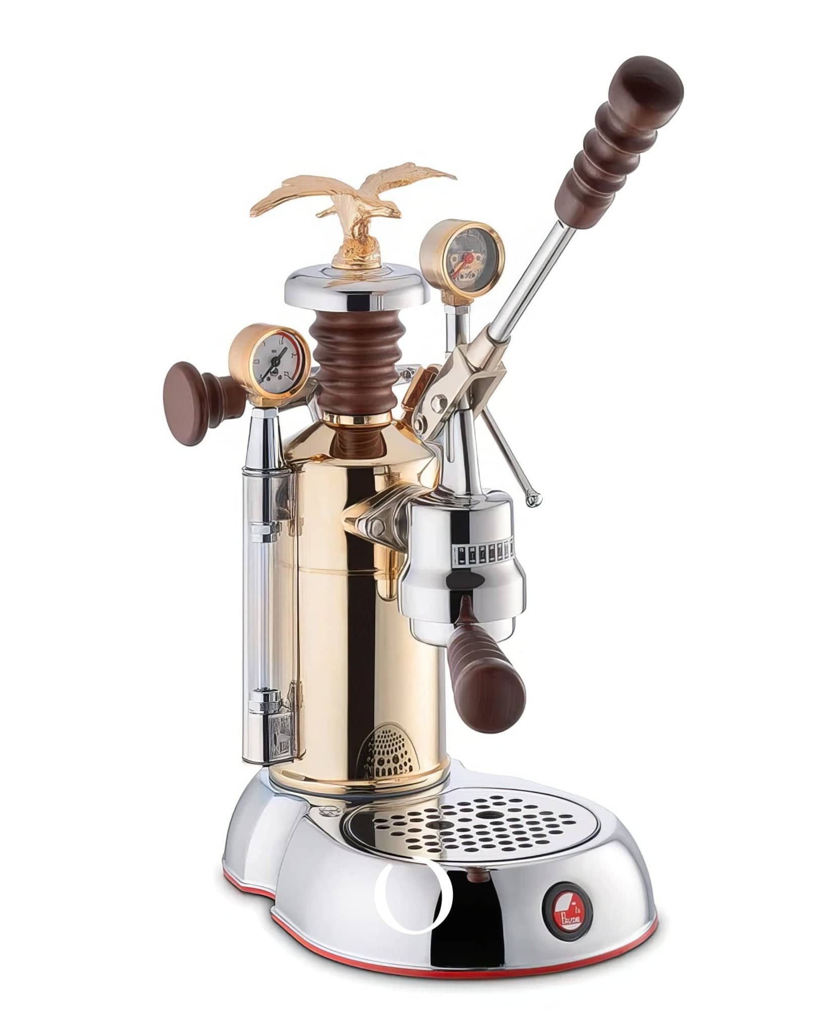 La Pavoni Esperto Competente lever espresso machine, gold and chrome finish, with pressure gauges, wooden handles, eagle-topped steam wand, and drip tray, showcasing professional features for expert coffee brewing