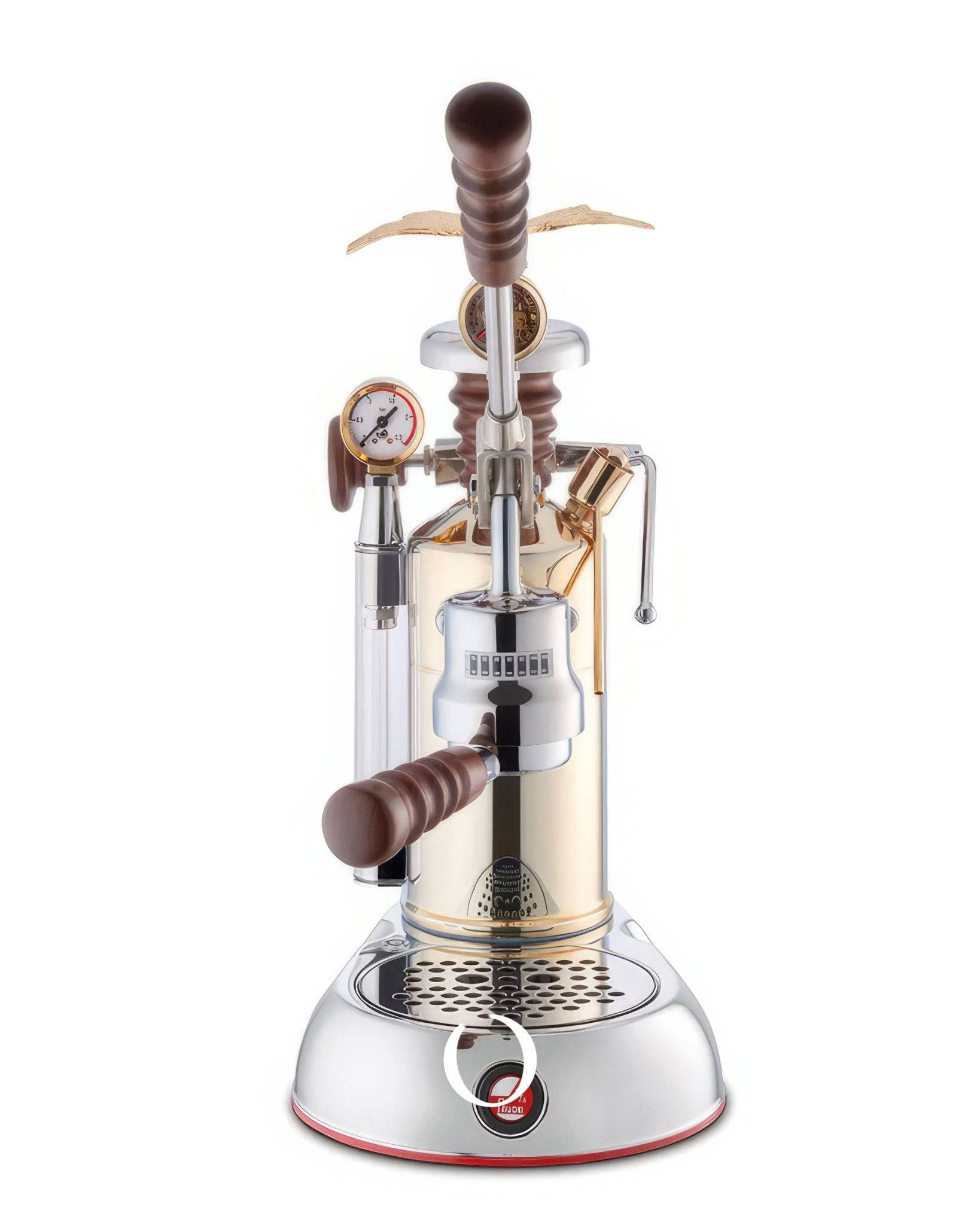 La Pavoni Esperto Competente lever espresso machine with gold-plated boiler, pressure gauge, temperature indicator, wooden handles, and dual steam wands on a silver base