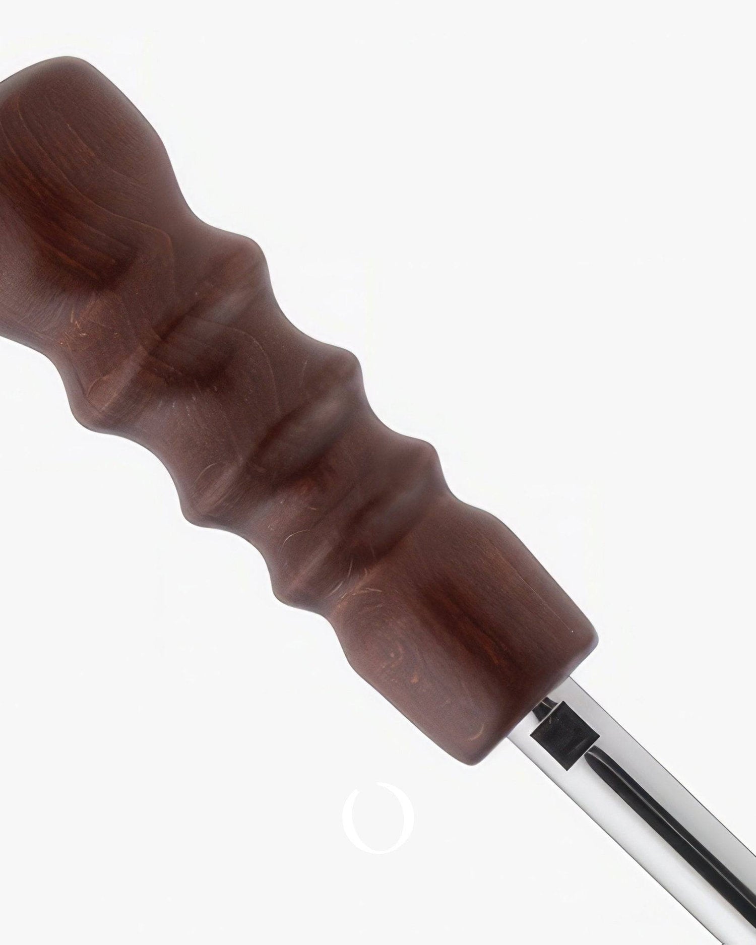 Close-up of a wooden espresso tamper handle with ergonomic design, attached to a metal base, used for La Pavoni Esperto Competente lever espresso machine