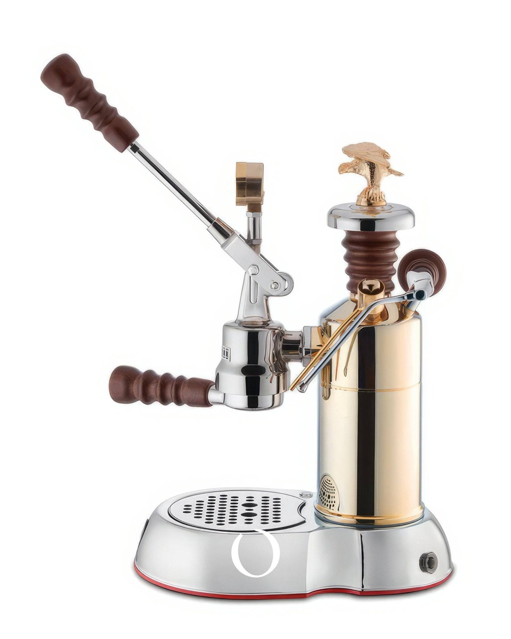 La Pavoni Esperto Competente lever espresso machine with gold-plated boiler, nickel-plated brass group head, wooden handles, pressure gauge, and eagle emblem on top, standing on a silver base with drip tray