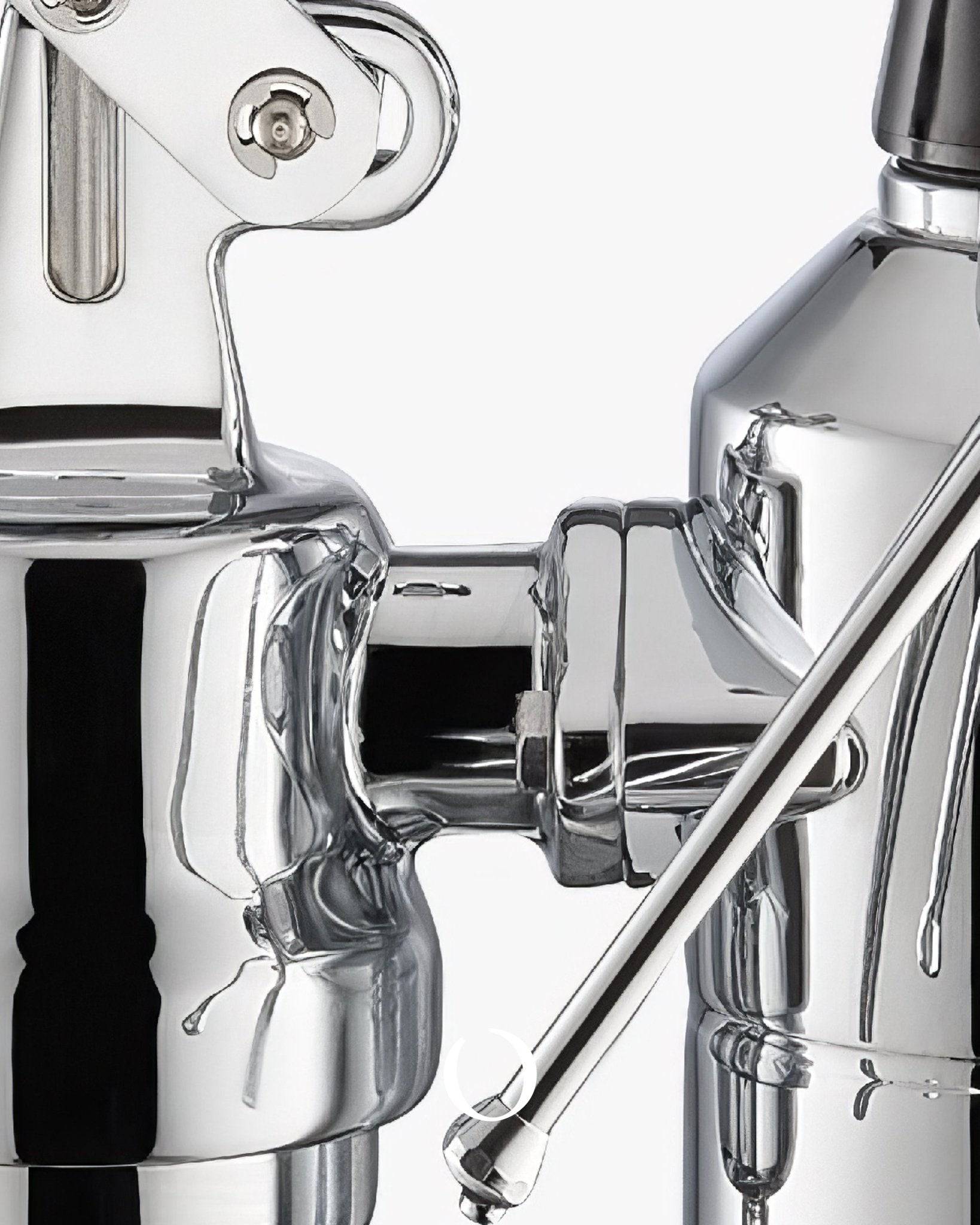 Close-up of La Pavoni Europiccola Lusso espresso machine, showcasing its sleek chrome body, lever mechanism, and steam wand, highlighting the craftsmanship and elegance of this classic Italian coffee maker.