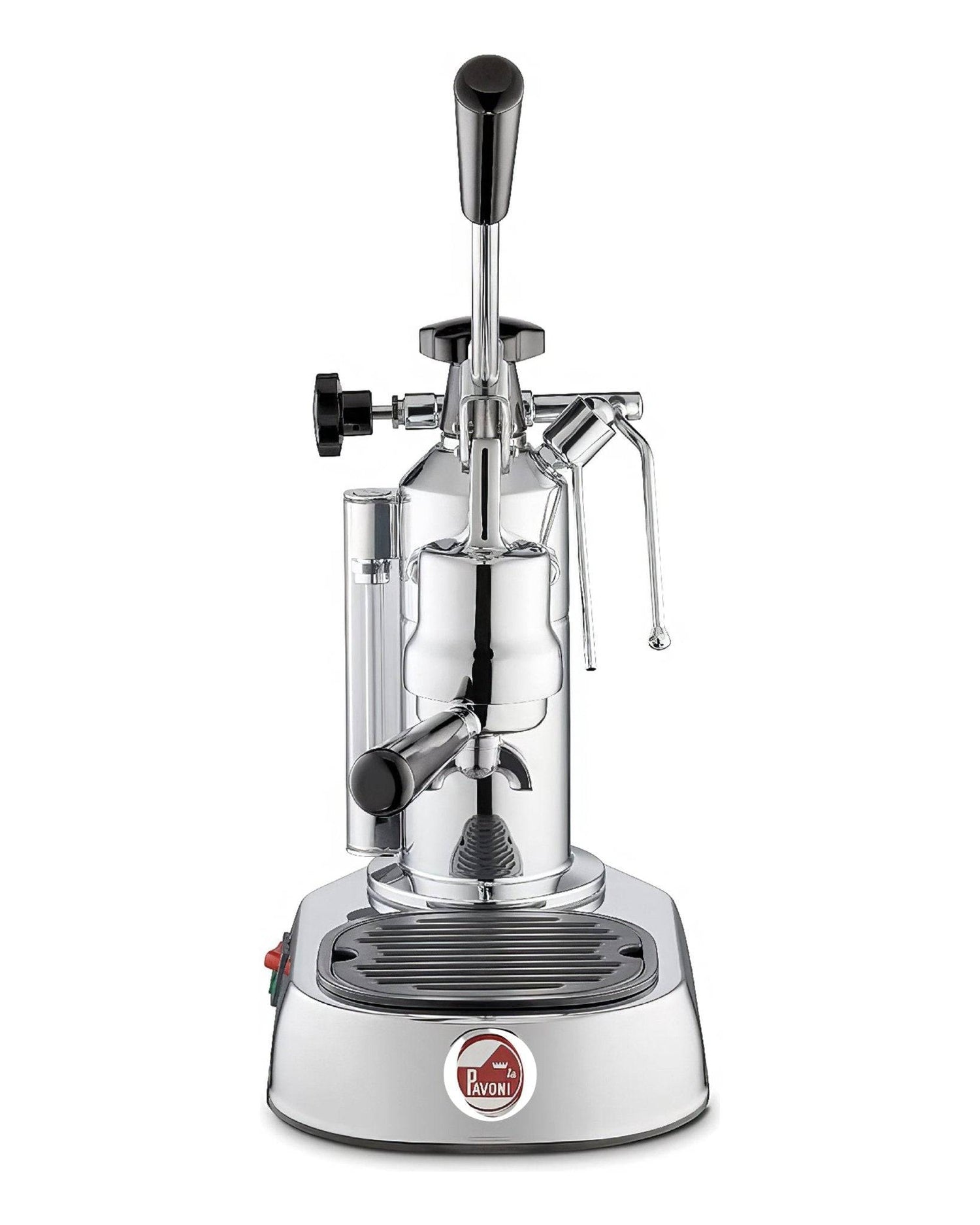 La Pavoni Europiccola Lusso lever espresso machine with chrome-plated brass body, black handle, steam wand, and drip tray on silver base, featuring manual pressure control for authentic Italian espresso brewing
