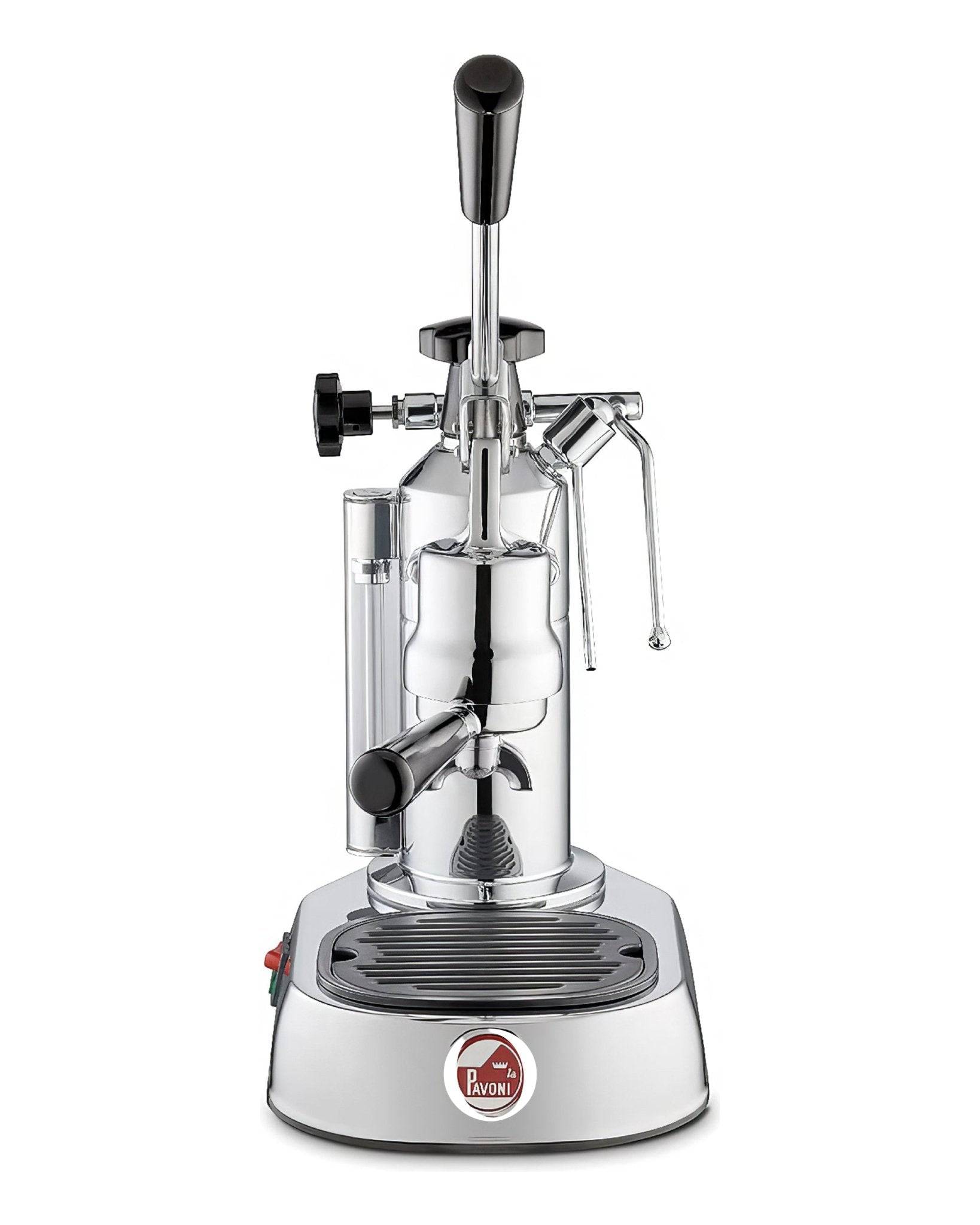 La Pavoni Europiccola Lusso lever espresso machine with chrome-plated brass body, black handle, steam wand, and drip tray on silver base, featuring manual pressure control for authentic Italian espresso brewing