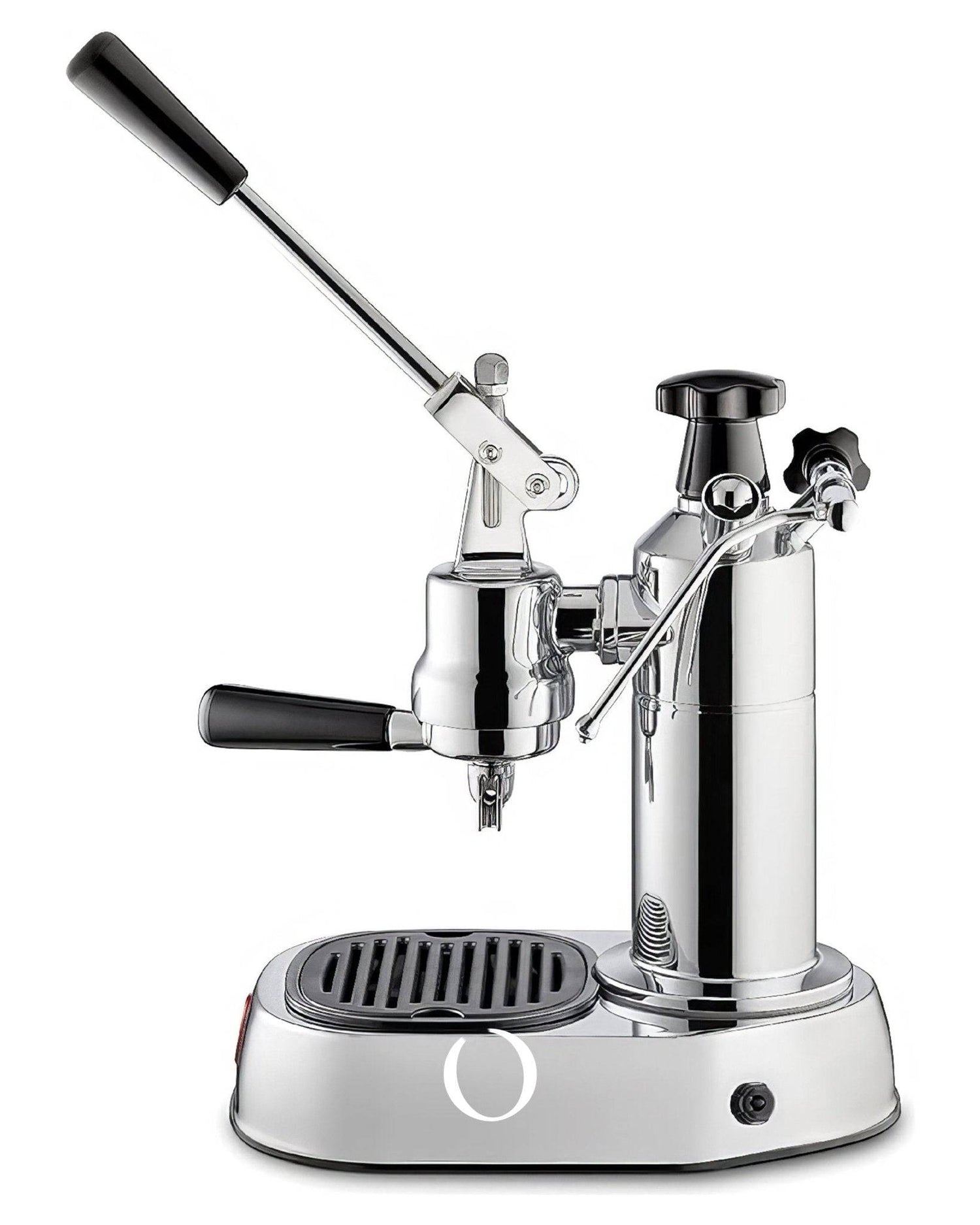 La Pavoni Europiccola Lusso lever espresso machine with chrome body, black handles, and drip tray. Features manual lever, steam wand, and portafilter for traditional espresso brewing.