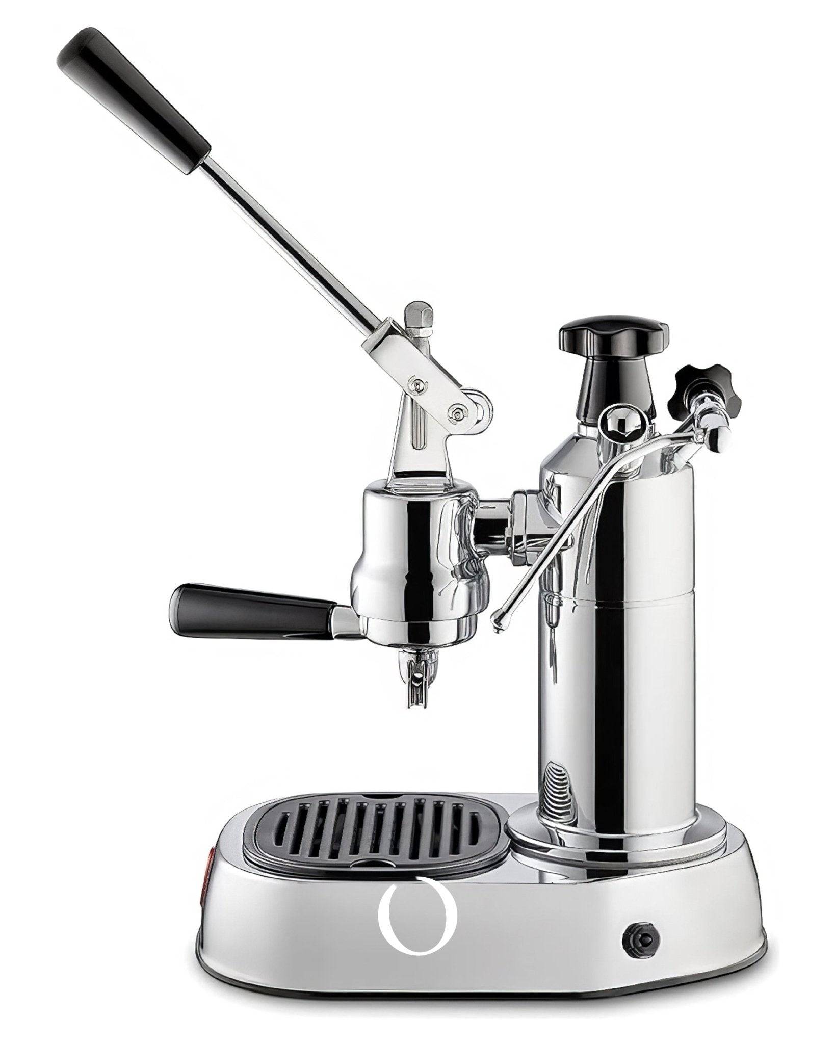 La Pavoni Europiccola Lusso lever espresso machine with chrome body, black handles, and drip tray. Features manual lever, steam wand, and portafilter for traditional espresso brewing.