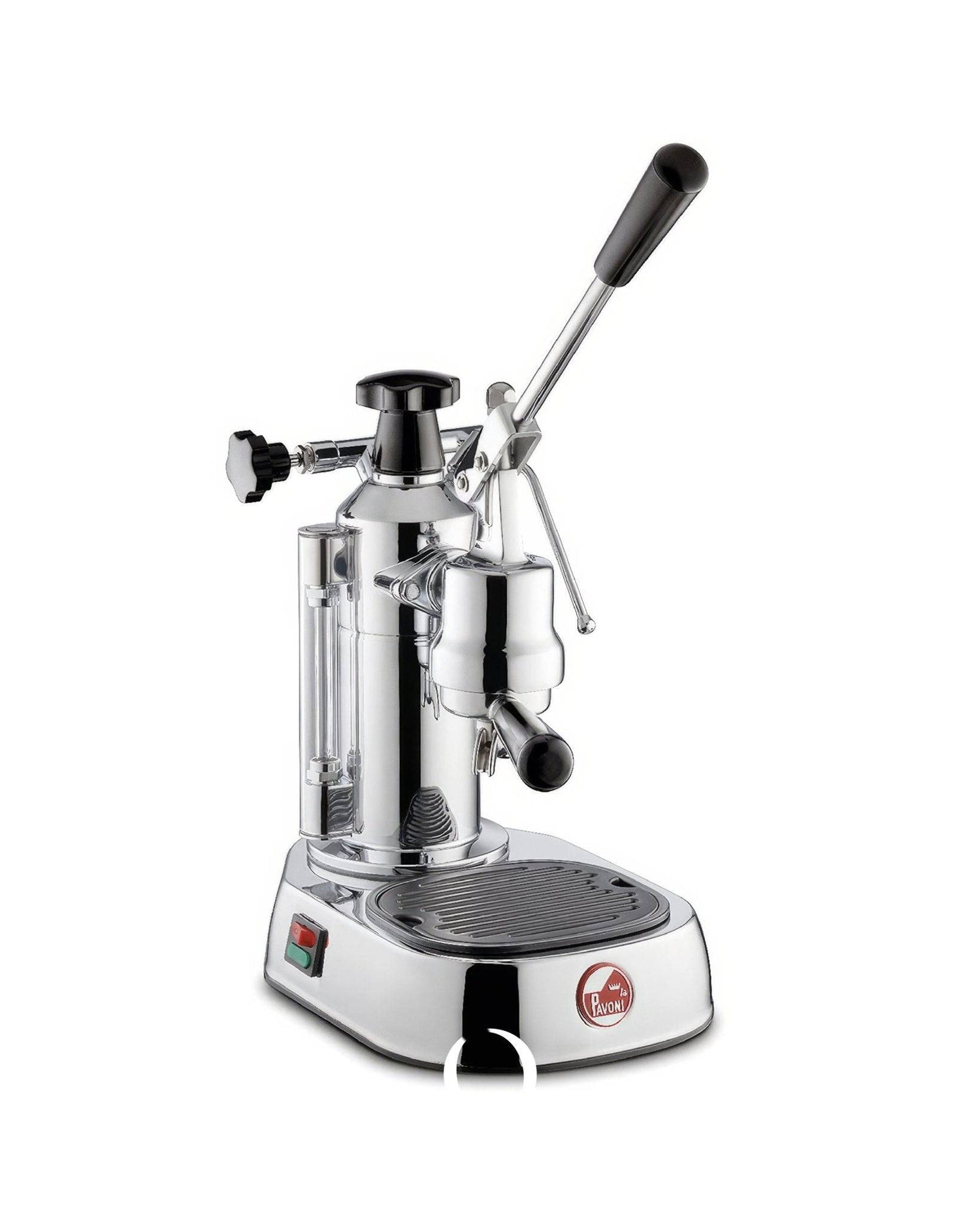 La Pavoni Europiccola Lusso lever espresso machine with chrome-plated body, black handle, and steam wand. Features 0.8L boiler, pressure gauge, and drip tray on white base with brand logo.