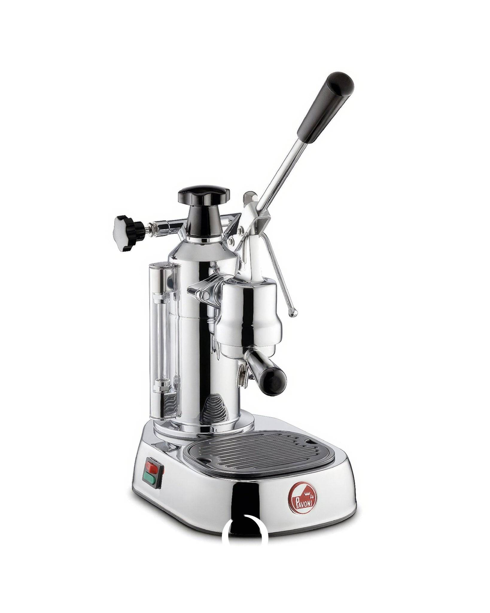La Pavoni Europiccola Lusso lever espresso machine with chrome-plated body, black handle, and steam wand. Features 0.8L boiler, pressure gauge, and drip tray on white base with brand logo.