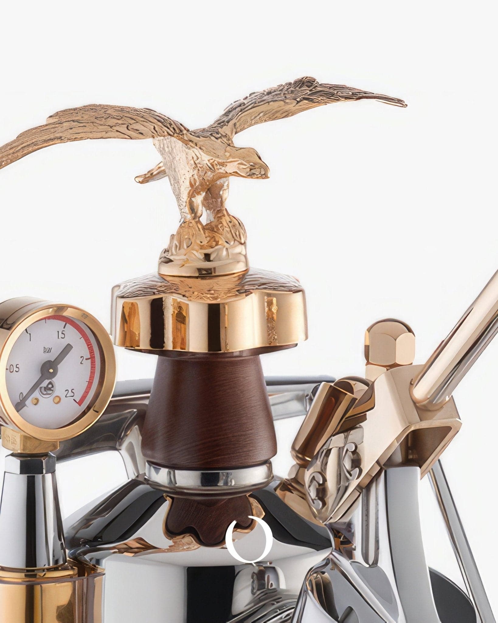 La Pavoni EXPO lever espresso machine with gold eagle ornament, wooden handle, pressure gauge, and chrome body, showcasing luxury design and professional features