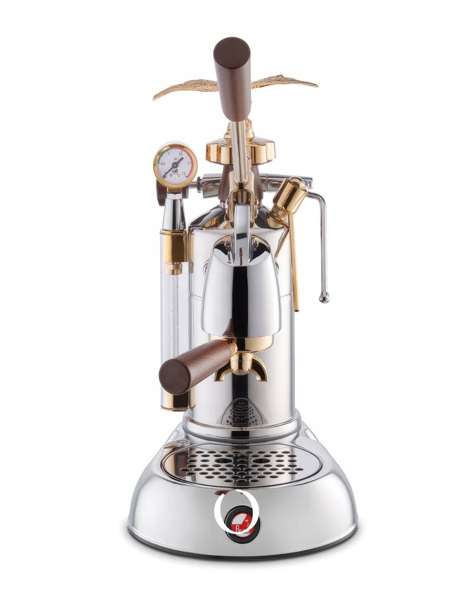 La Pavoni EXPO Lever Espresso Coffee Machine with golden accents, wooden handles, pressure gauge, and eagle logo, showcasing luxury design and professional features for brewing espresso and cappuccino