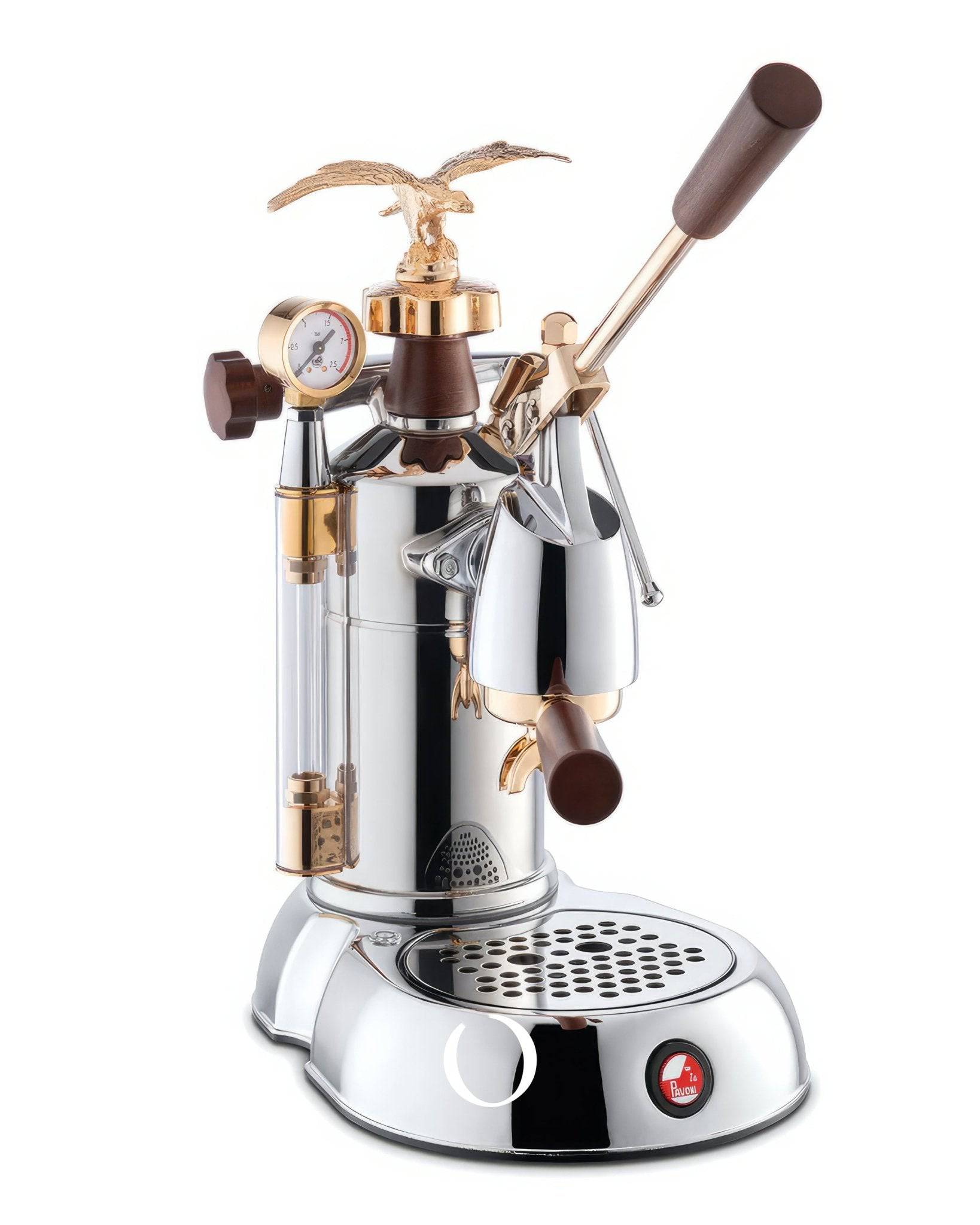 La Pavoni EXPO Lever Espresso Coffee Machine with golden eagle emblem, chrome body, wooden handle, pressure gauge, and drip tray, showcasing luxury design and professional features for home baristas