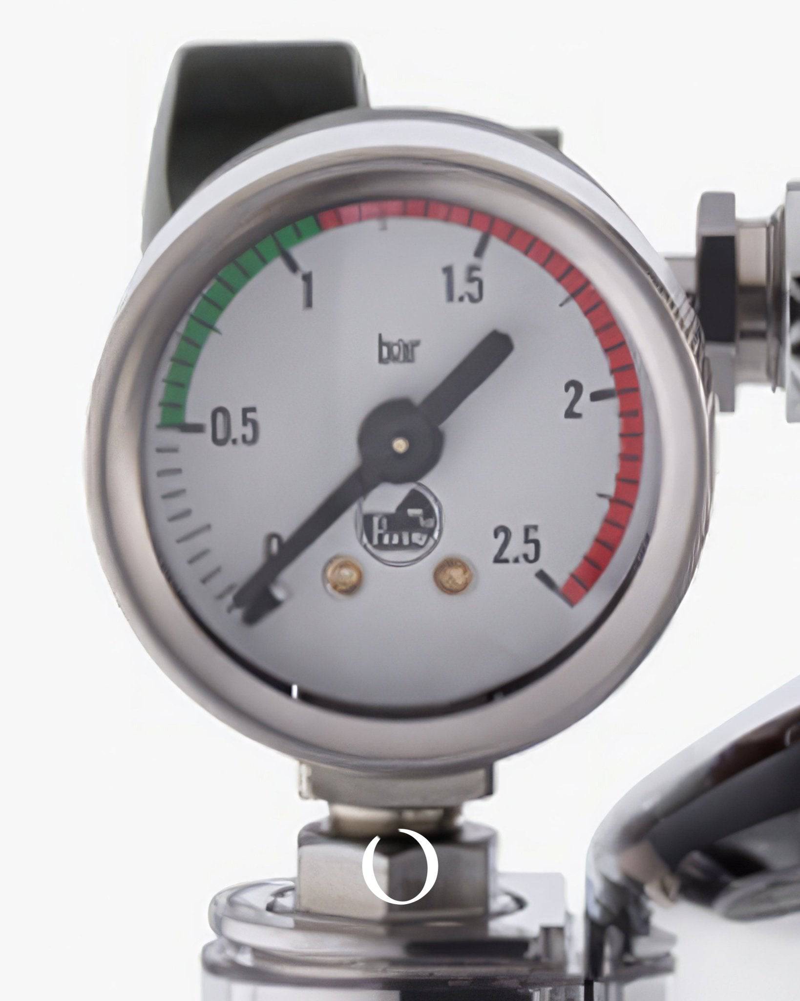 La Pavoni Professional Lusso espresso machine pressure gauge showing 1.5 bar, with green, white, and red zones on dial face. Stainless steel construction with chrome accents visible.