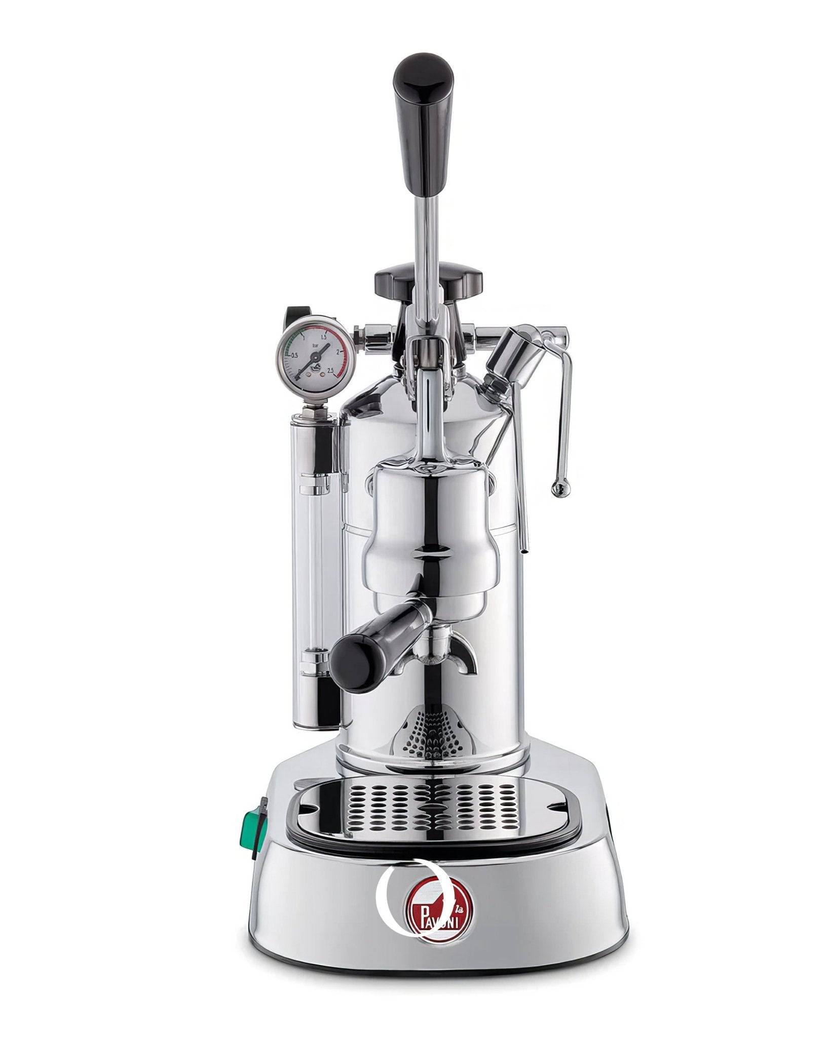La Pavoni Professional Lusso lever espresso machine with chrome finish, pressure gauge, steam wand, and large black handle, showcasing Italian craftsmanship and manual brewing control for perfect espresso extraction