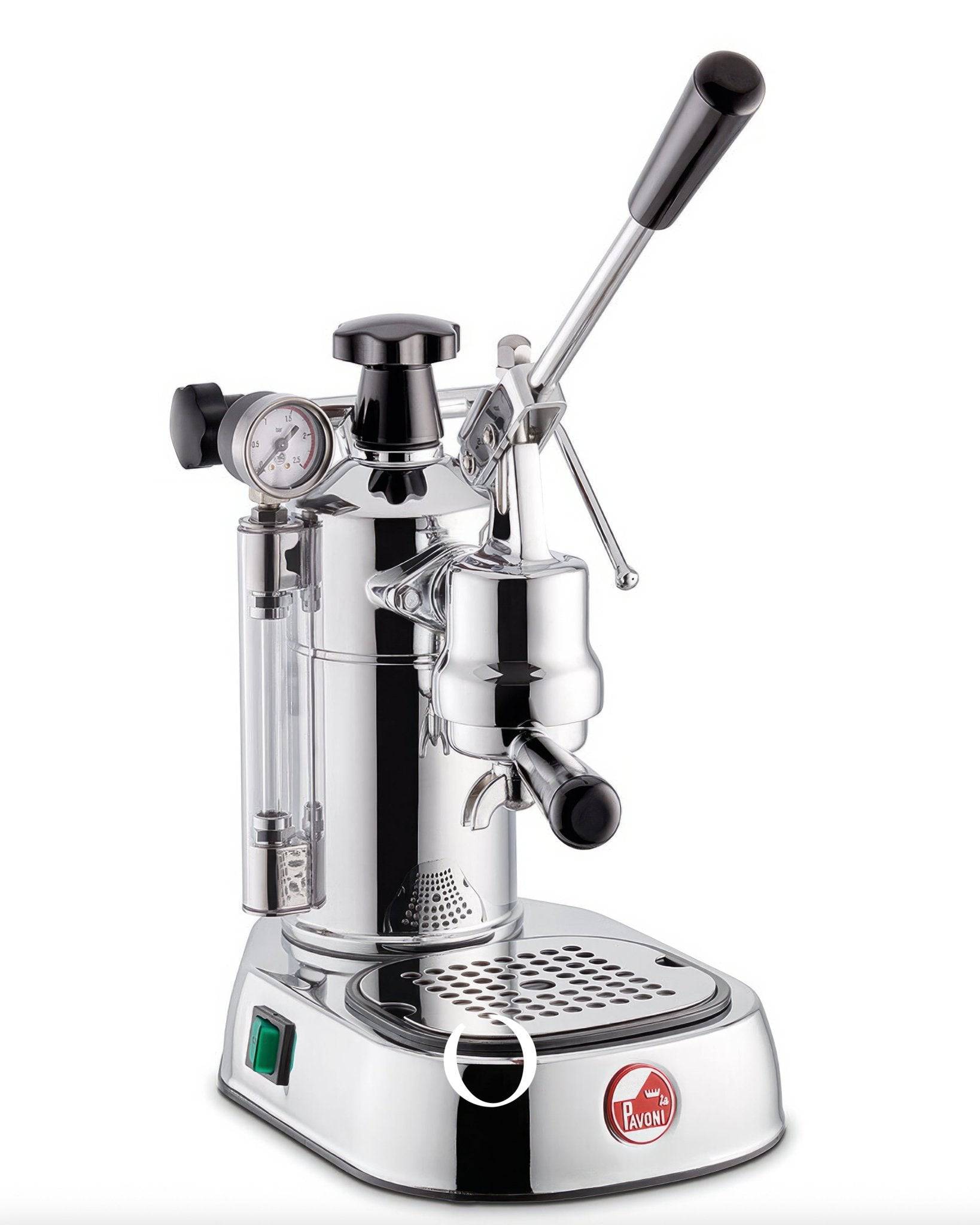 La Pavoni Professional Lusso lever espresso machine with chrome body, black handle, pressure gauge, and drip tray. Features include 1.6L boiler, steam wand, and manual operation for 16 espresso shots or 12-14 cappuccinos. Italian craftsmanship for coffee enthusiasts.