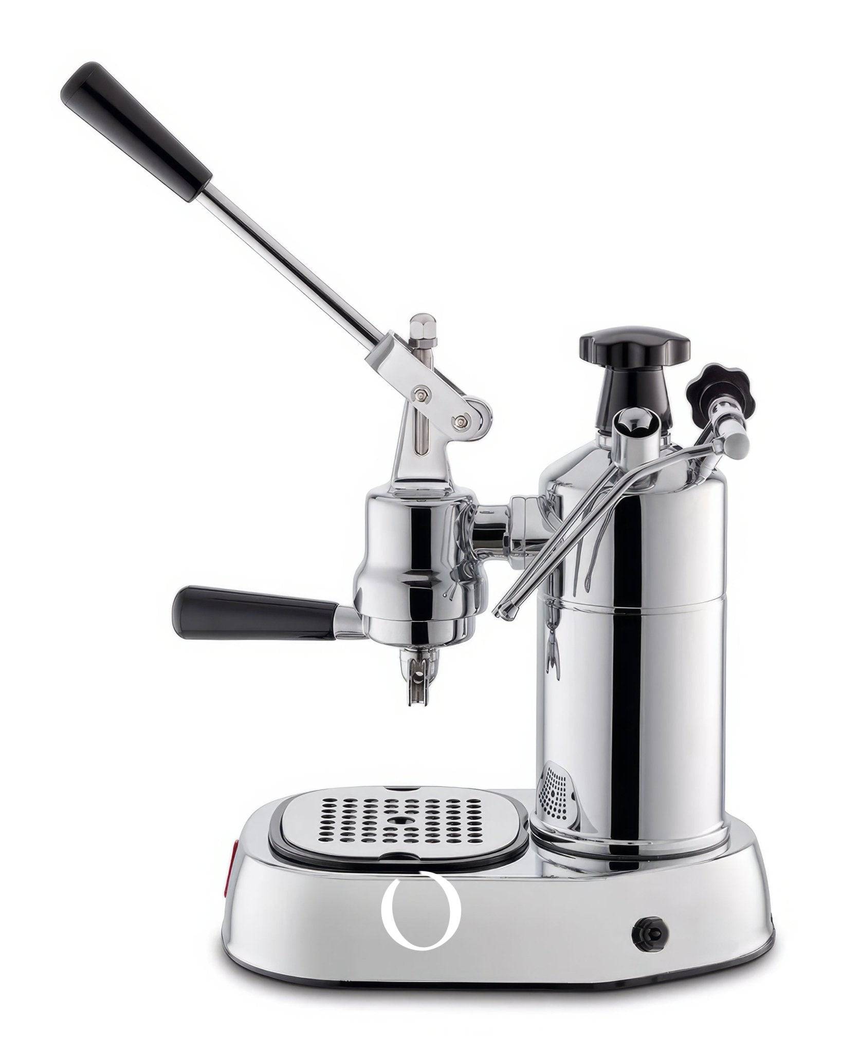 La Pavoni Professional Lusso lever espresso machine with chrome-plated body, manual lever, pressure gauge, steam wand, and drip tray. Features a sleek design with black handles and a stainless steel base, showcasing Italian craftsmanship for premium espresso brewing.