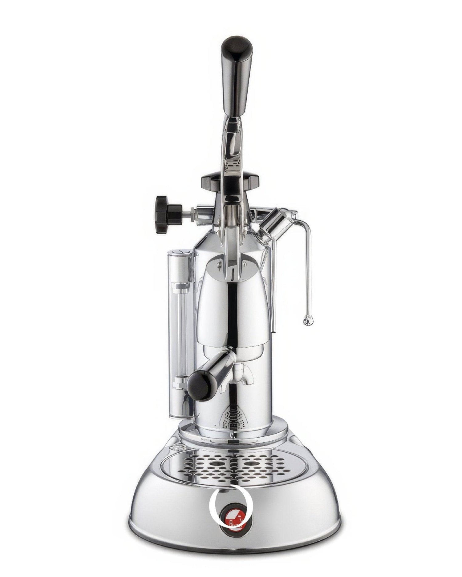 La Pavoni Stradivari Lusso lever espresso machine in chrome finish with wooden handle, pressure gauge, and drip tray, designed for manual brewing of premium espresso and cappuccino