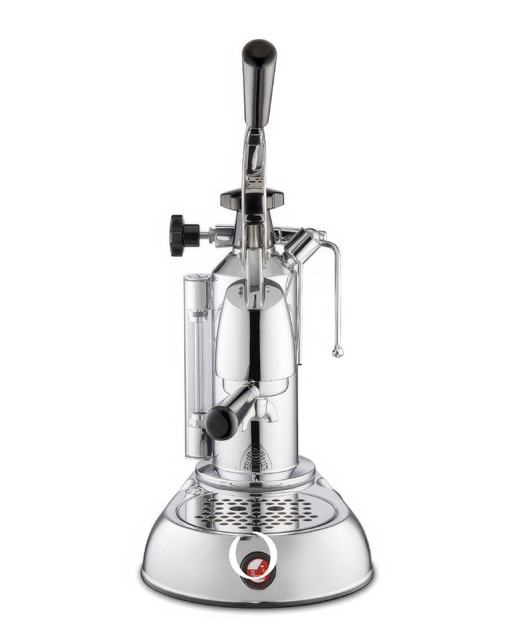 La Pavoni Stradivari Lusso lever espresso machine in chrome finish with wooden handle, pressure gauge, and drip tray, designed for manual brewing of premium espresso and cappuccino
