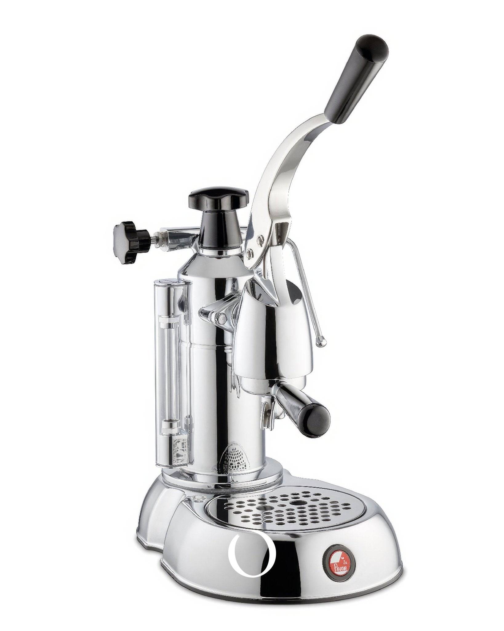 La Pavoni Stradivari Lusso lever espresso machine with chrome finish, manual pressure lever, steam wand, and drip tray. Elegant violin-inspired design for professional-quality coffee brewing at home.