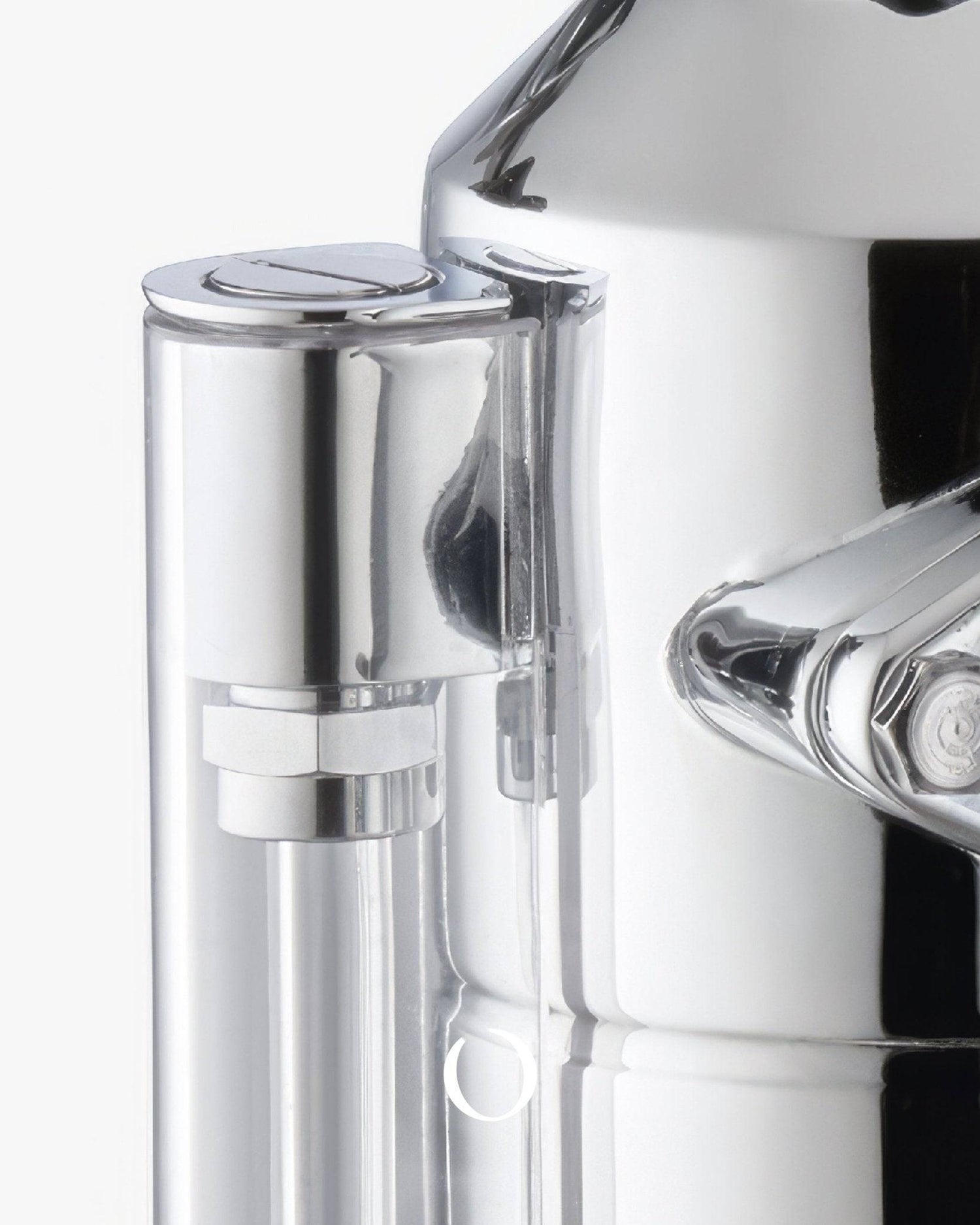 Close-up of La Pavoni Stradivari Lusso espresso machine, showcasing its elegant chrome-plated body, precision-engineered lever mechanism, and steam wand, highlighting the craftsmanship and professional-grade features of this high-end coffee maker.