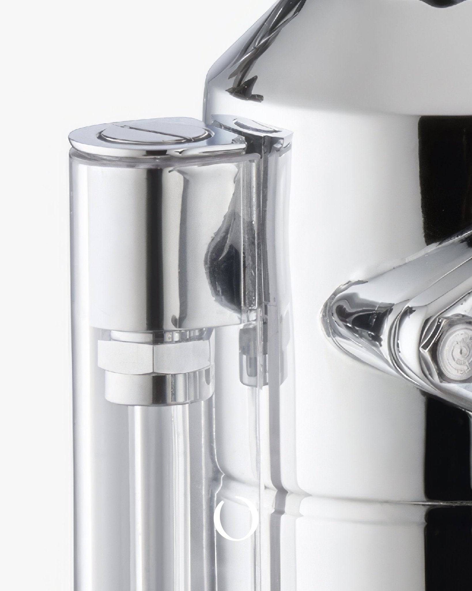 Close-up of La Pavoni Stradivari Lusso espresso machine, showcasing its elegant chrome-plated body, precision-engineered lever mechanism, and steam wand, highlighting the craftsmanship and professional-grade features of this high-end coffee maker.