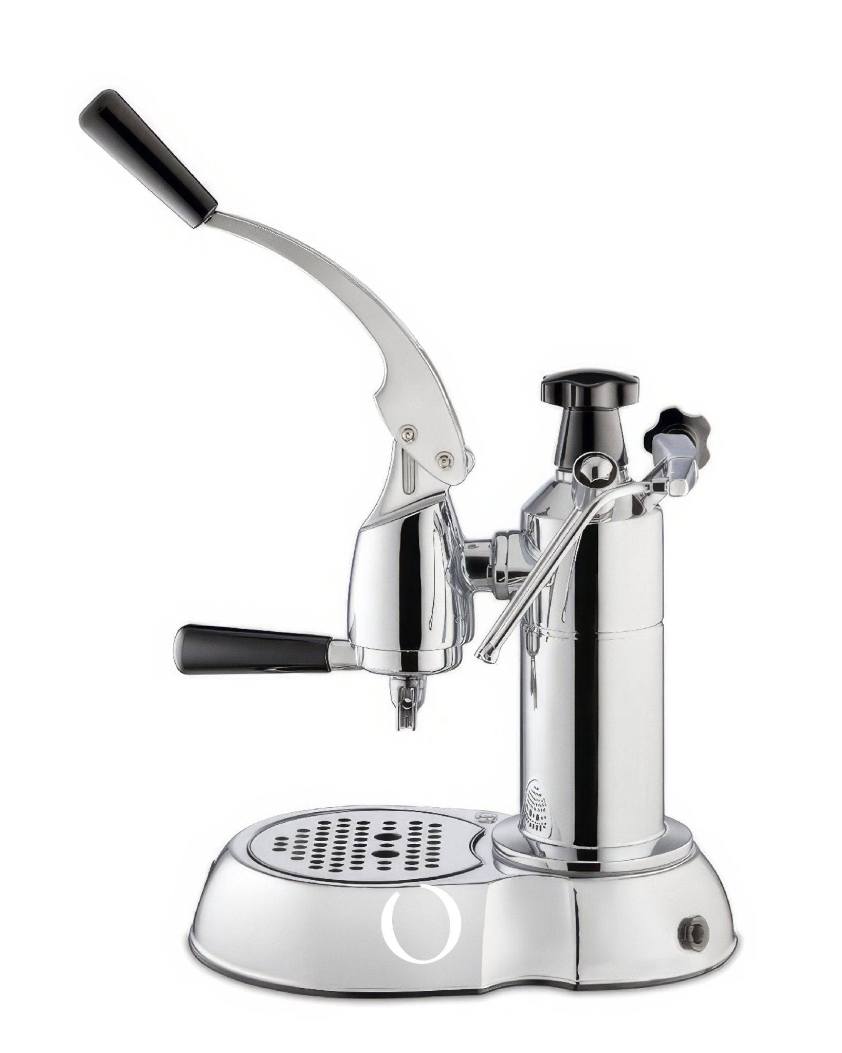 La Pavoni Stradivari Lusso lever espresso machine, featuring a sleek chrome body, manual lever, steam wand, and drip tray. Professional-grade design inspired by violin craftsmanship for home or office use.