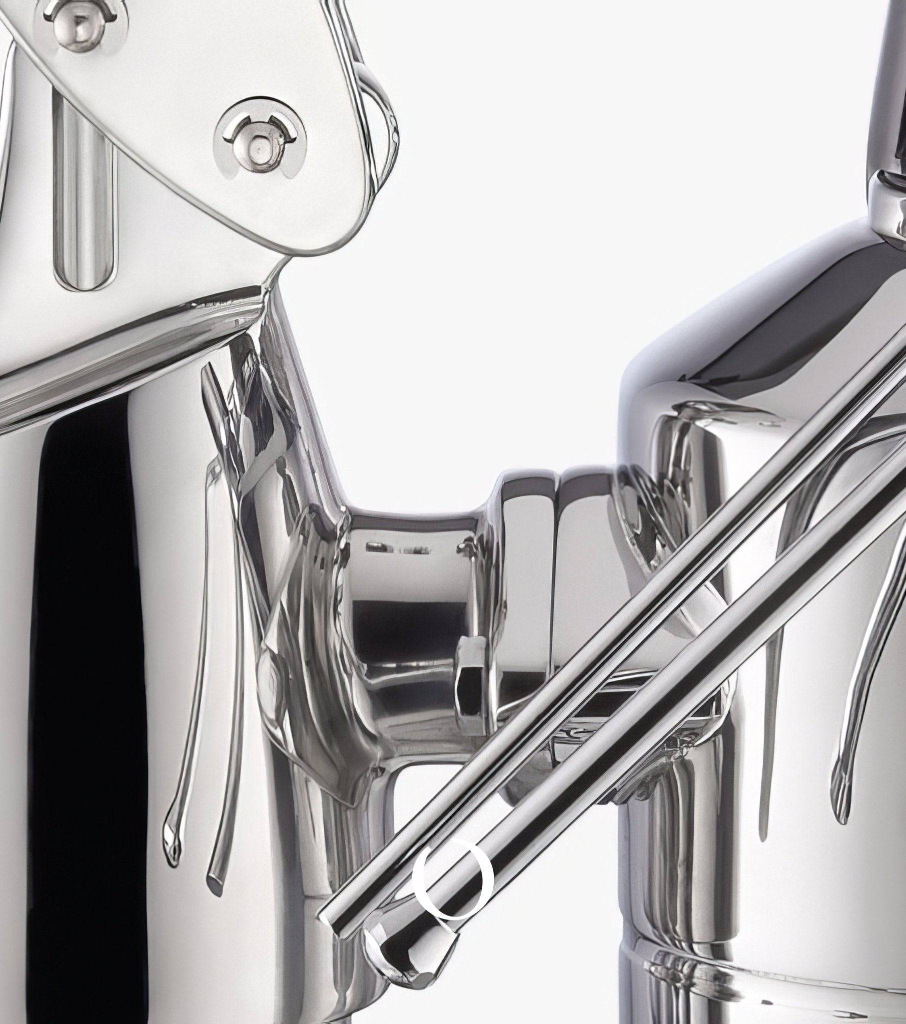 Close-up of La Pavoni Stradivari Professional Lusso espresso machine, showcasing polished chrome details, intricate lever mechanism, and sleek, violin-inspired design elements.
