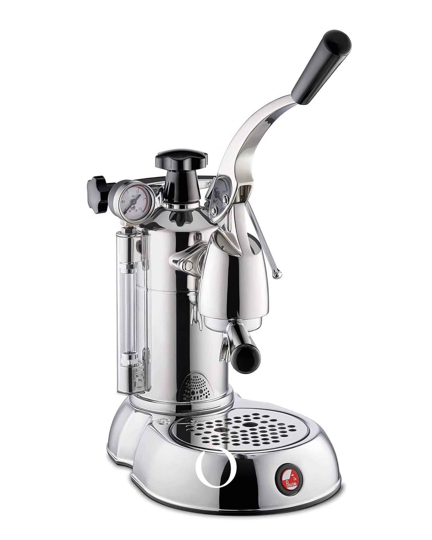 La Pavoni Stradivari Professional Lusso lever espresso machine with chrome body, black handle, pressure gauges, and drip tray. Elegant design inspired by violin craftsmanship for premium home brewing.