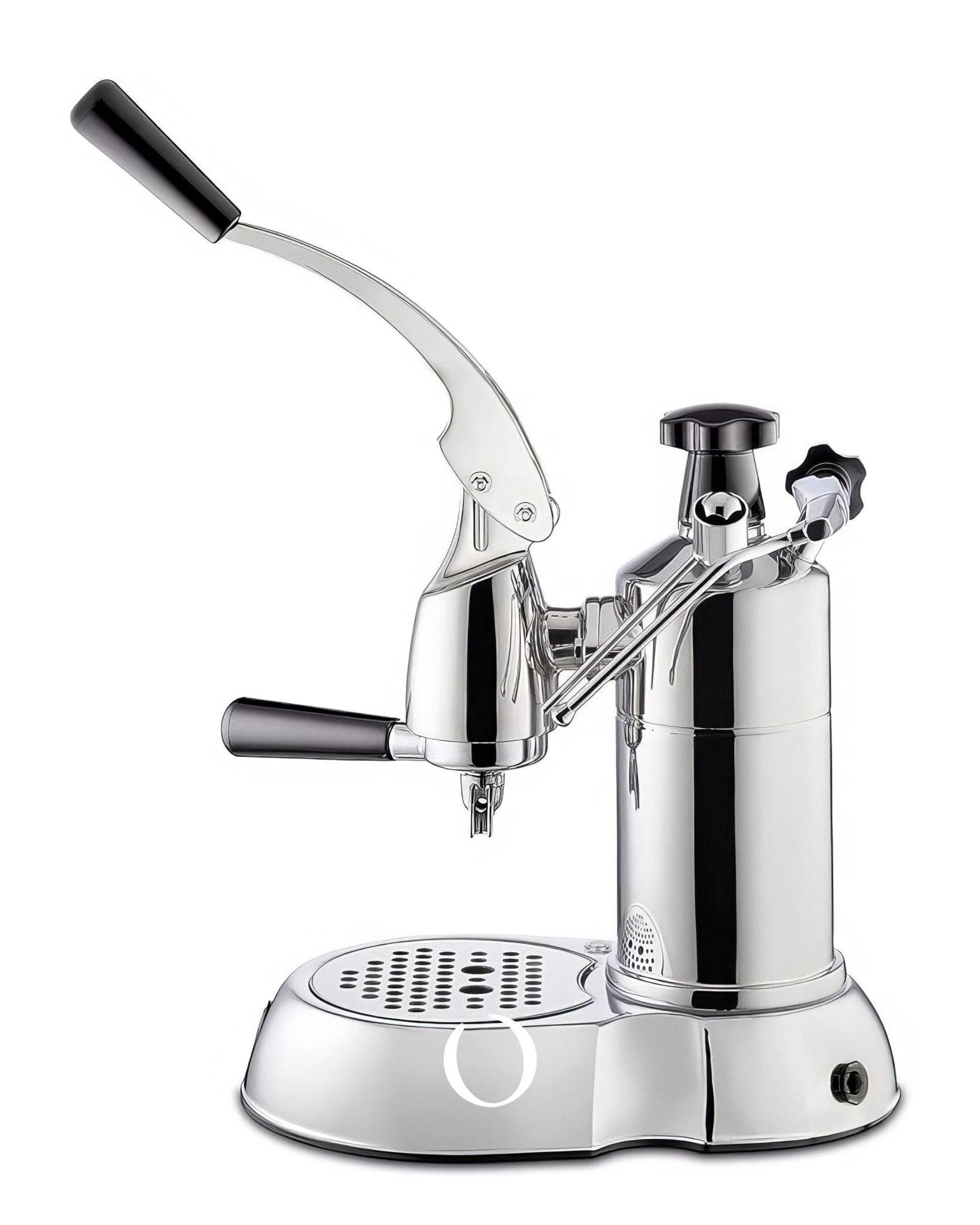 La Pavoni Stradivari Professional Lusso lever espresso machine in polished stainless steel with black handle, featuring a curved lever, pressure gauge, and drip tray, designed for premium home coffee brewing