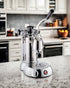 La Pavoni Stradivari Professional Lusso lever espresso machine on kitchen counter, featuring polished chrome body, pressure gauge, and manual lever for crafting artisanal espresso drinks