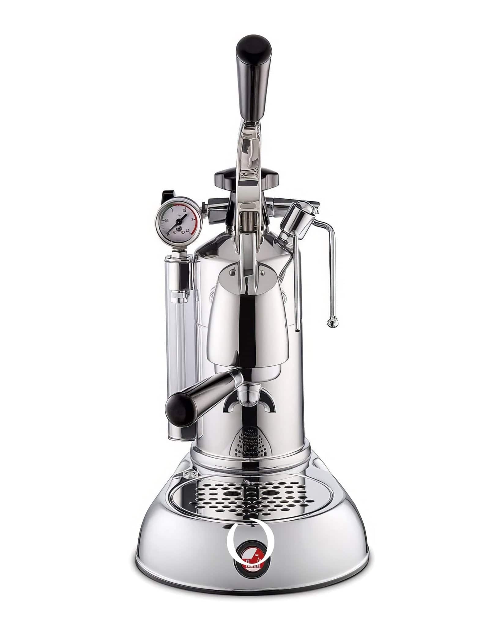 La Pavoni Stradivari Professional Lusso lever espresso machine with chrome body, black handle, pressure gauge, and drip tray, showcasing its elegant design inspired by violin craftsmanship