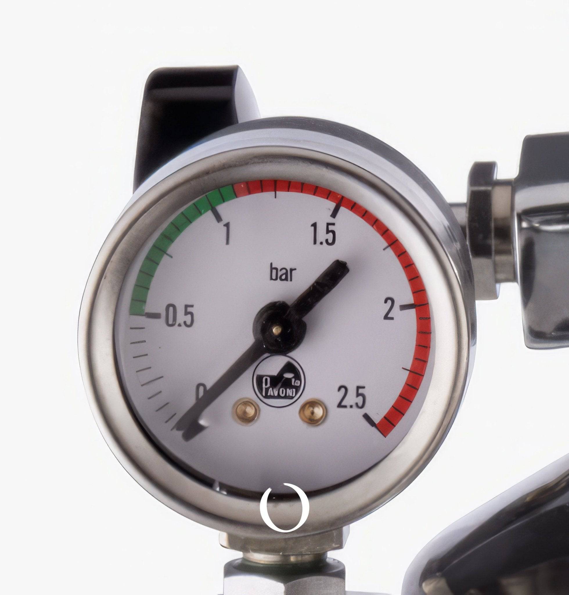 Close-up of a pressure gauge on a La Pavoni espresso machine, displaying a scale from 0 to 2.5 bar with color-coded zones. The needle points to approximately 1 bar, indicating optimal brewing pressure.