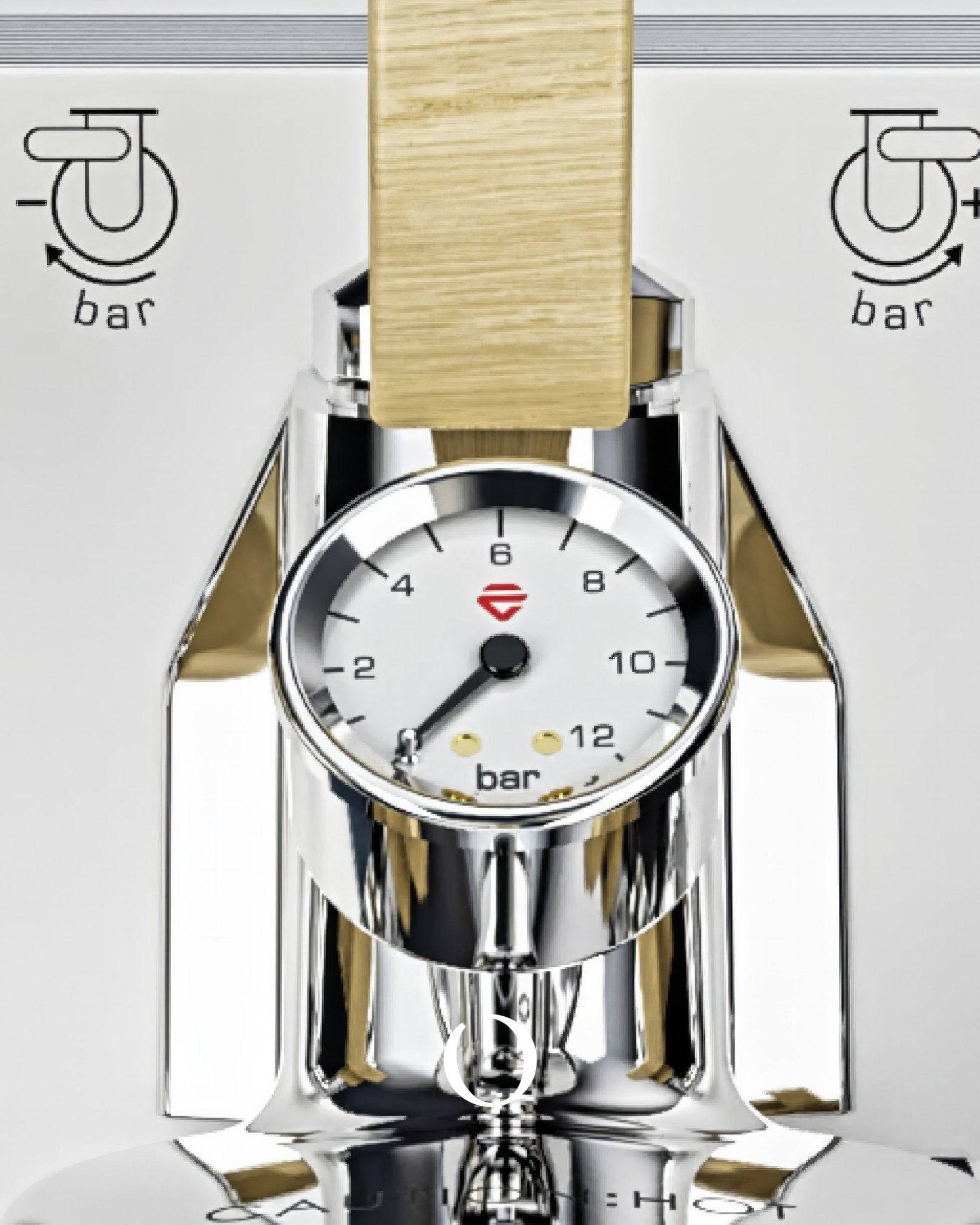 Closeup of Lelit Bianca V3 espresso machine pressure gauge, showing 12 bar scale. Chrome and gold accents visible, with &