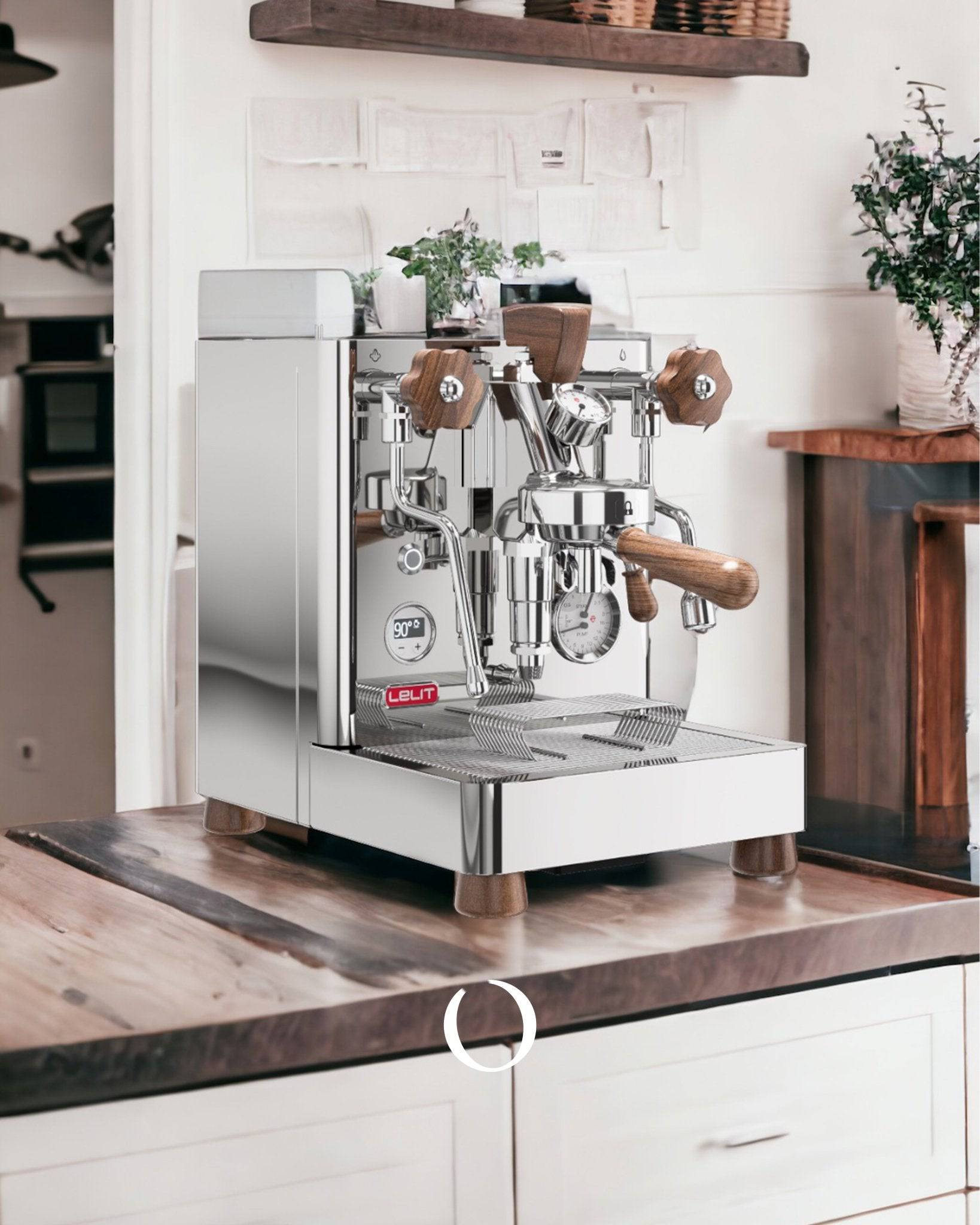 Lelit Bianca V3 espresso machine with stainless steel body and wooden accents on kitchen counter, surrounded by plants and rustic decor