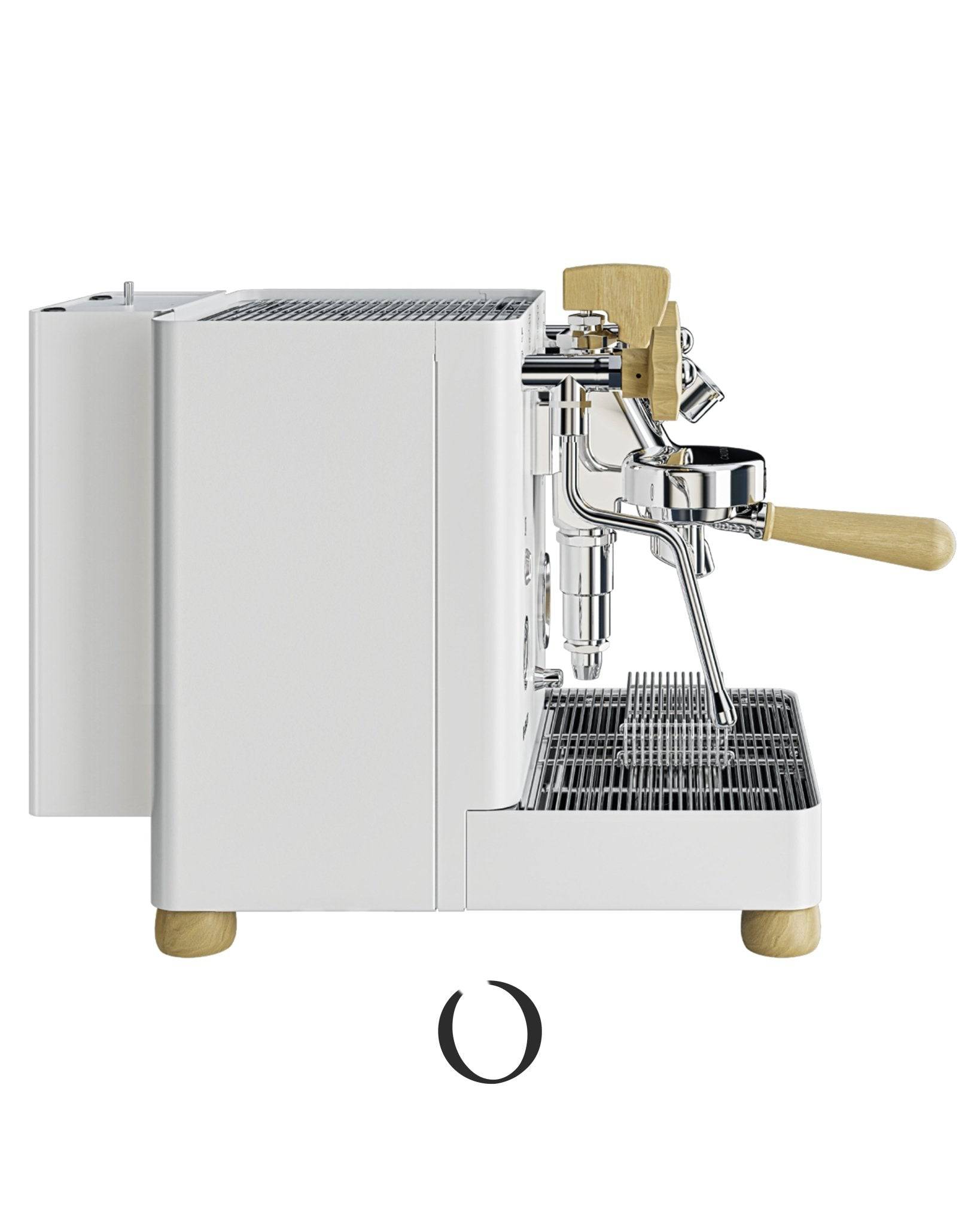 Lelit Bianca V3 espresso machine in white with wooden accents, side view showing steam wand, portafilter, and drip tray