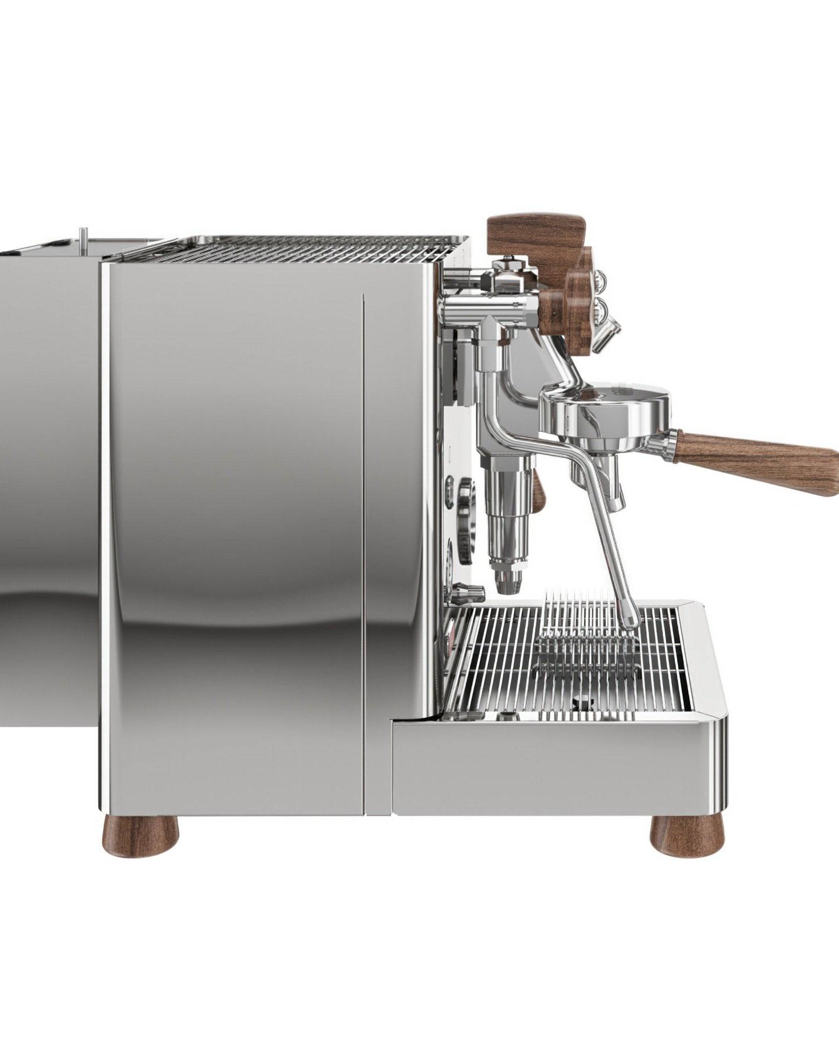 Lelit Bianca V3 espresso machine with stainless steel body, wooden accents, flow control lever, and professional-grade components for precise brewing and temperature control