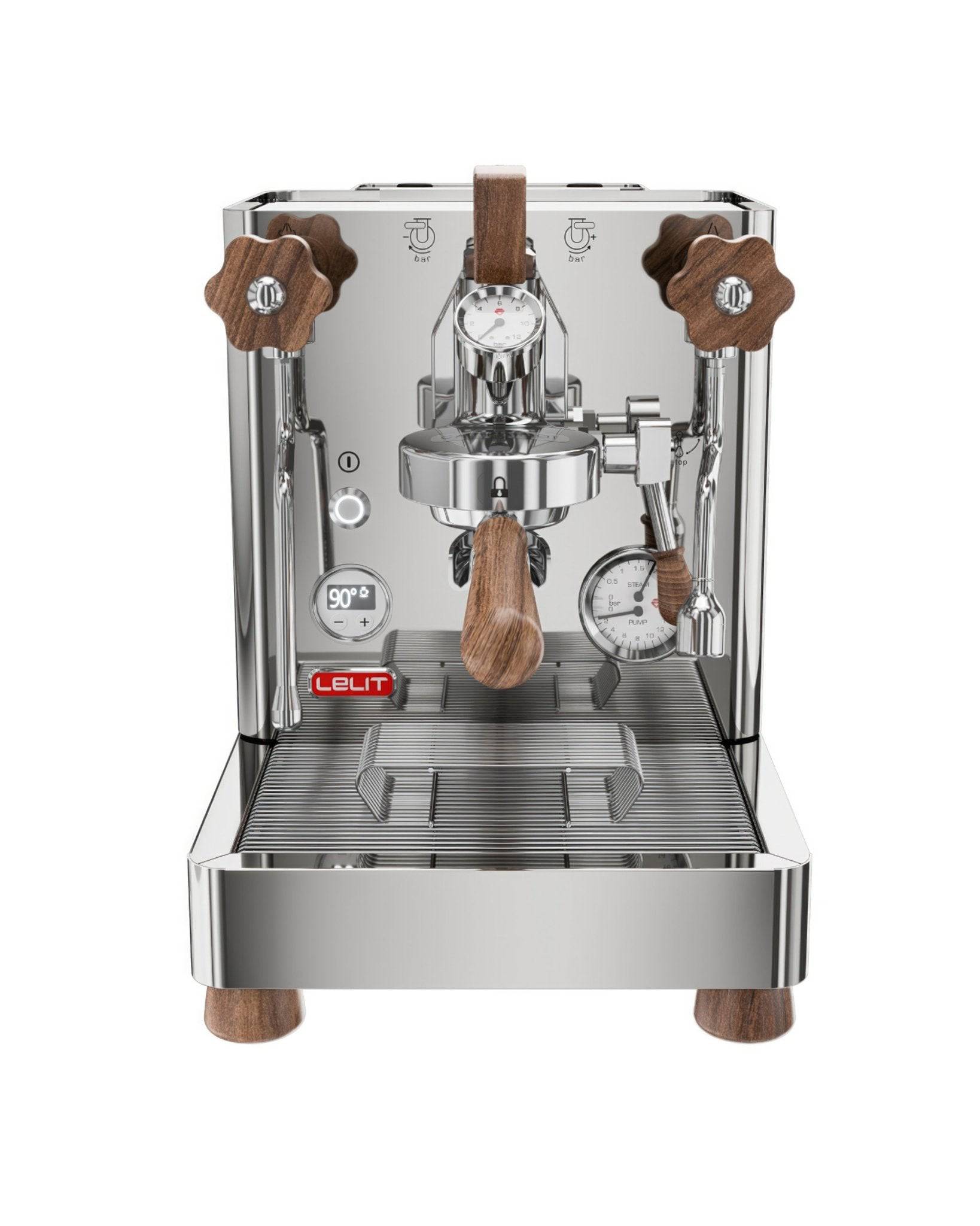 Lelit Bianca V3 espresso machine with stainless steel body, wooden accents, dual boilers, pressure gauge, and flow control paddle for precise brewing