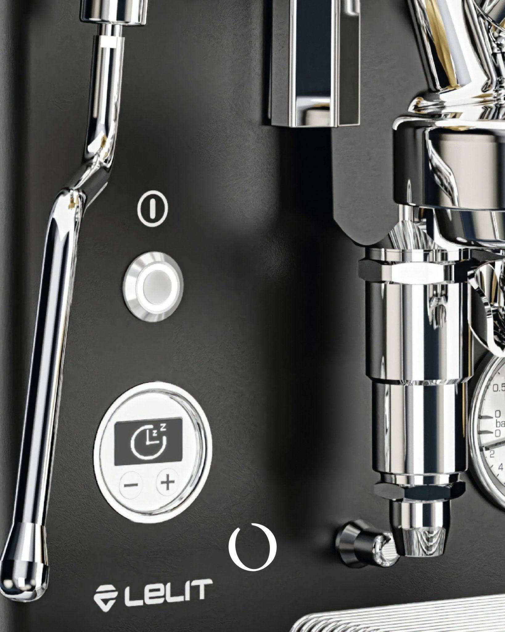 Close-up view of Lelit Bianca V3 espresso machine in black, showing control panel, steam wand, and pressure gauge. Sleek design with chrome accents highlighting professional features.