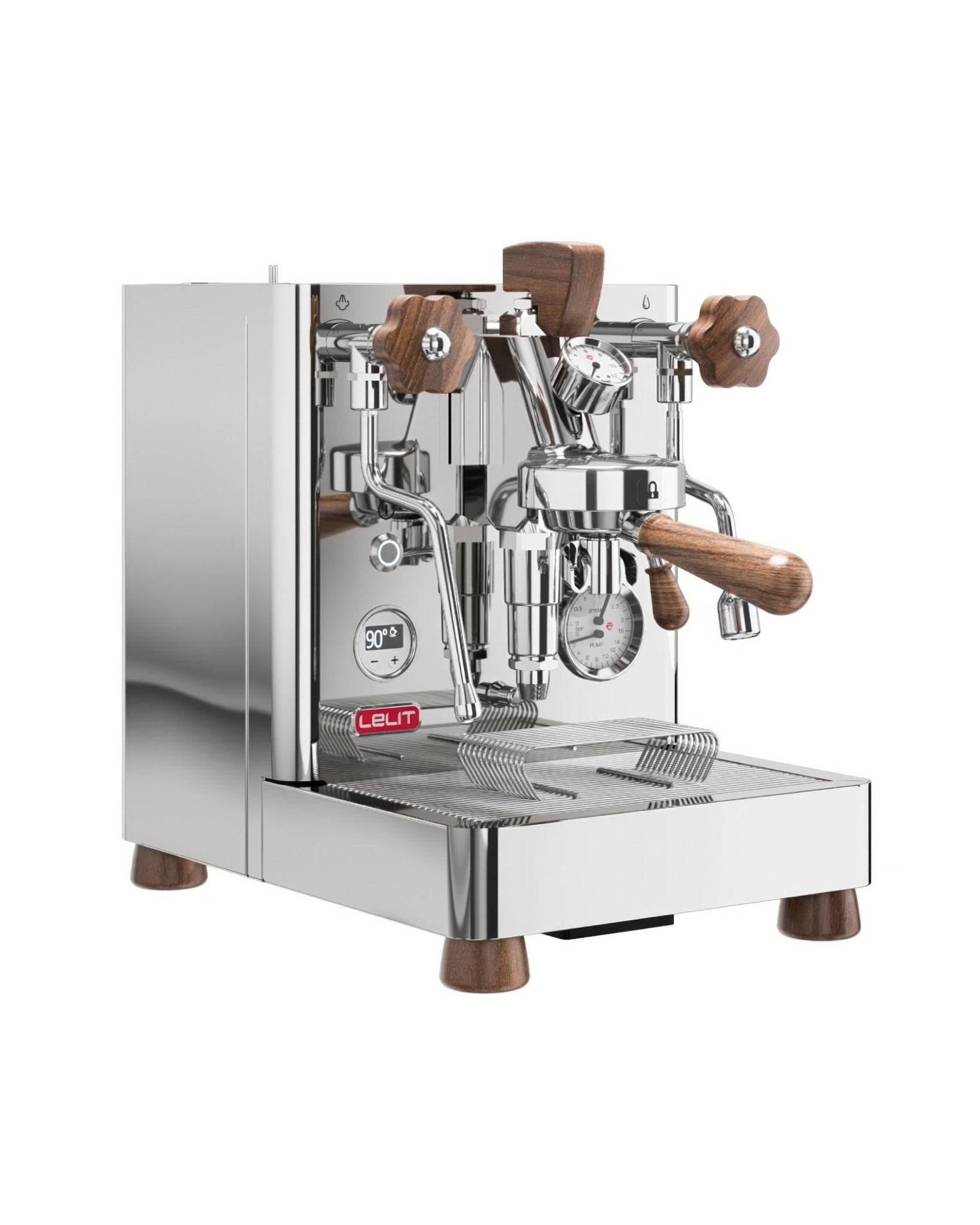 Lelit Bianca V3 espresso machine with stainless steel body, wooden accents, dual boiler system, PID control, and flow control paddle for precise brewing and steaming